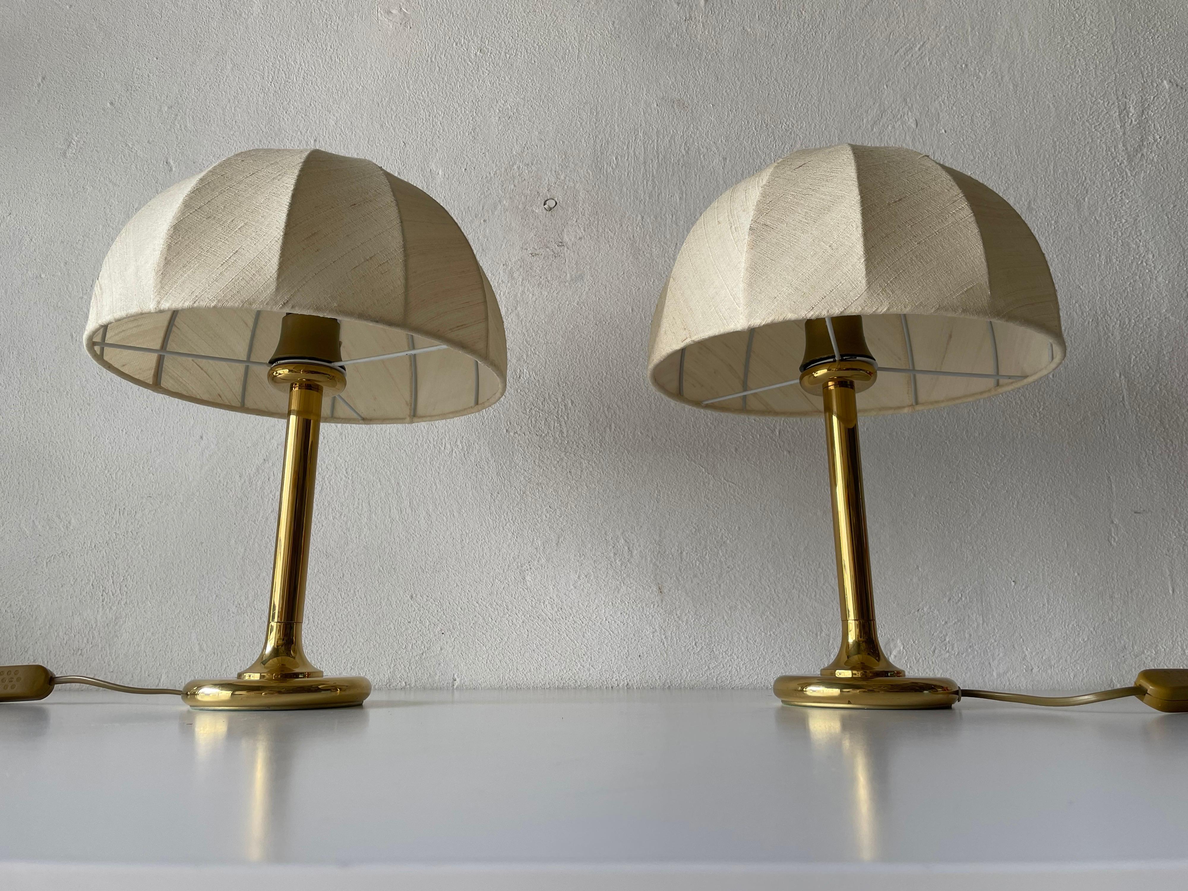 Mid-Century Modern Fabric Shade & Brass Body Elegant Pair of Bedside Lamps by ERU, 1980s, Germany