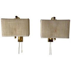 Fabric Shade & Brass Elegant Adjustable Pair of Sconces, 1980s, Germany
