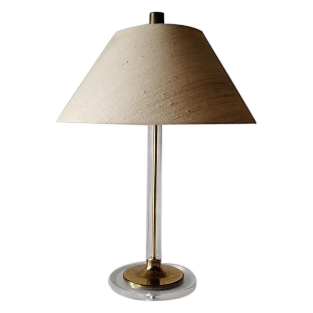 Fabric Shade Plexiglass and Brass Large Table Lamp by Leola, 1970s, Germany For Sale