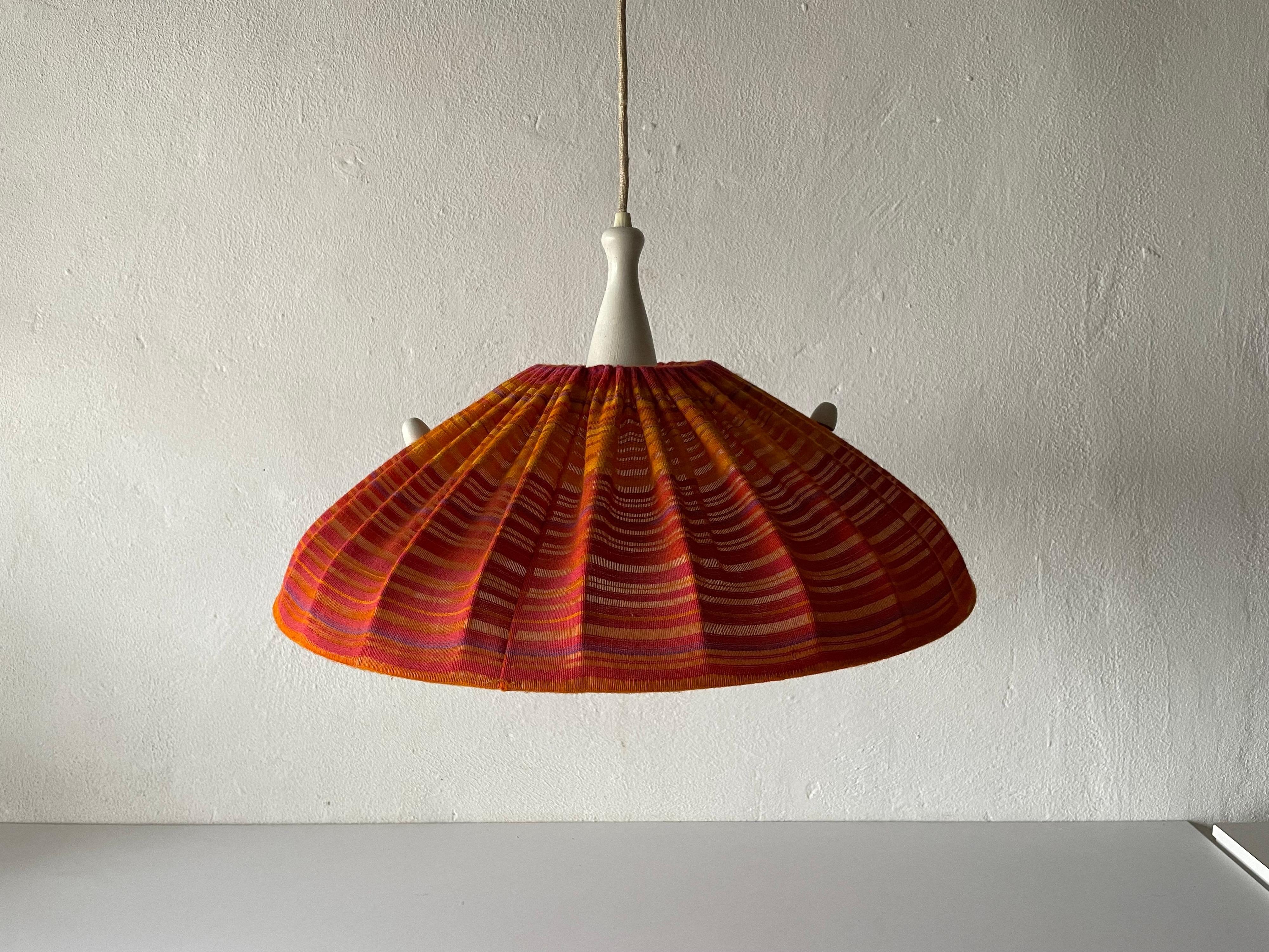 Beautiful retro fabric shade & wood large pendant lamp by Temde, 1960s, Germany

Lampshade is in very good vintage condition.

This lamp works with E27 light bulbs. 
Wired and suitable to use with 220V and 110V for all