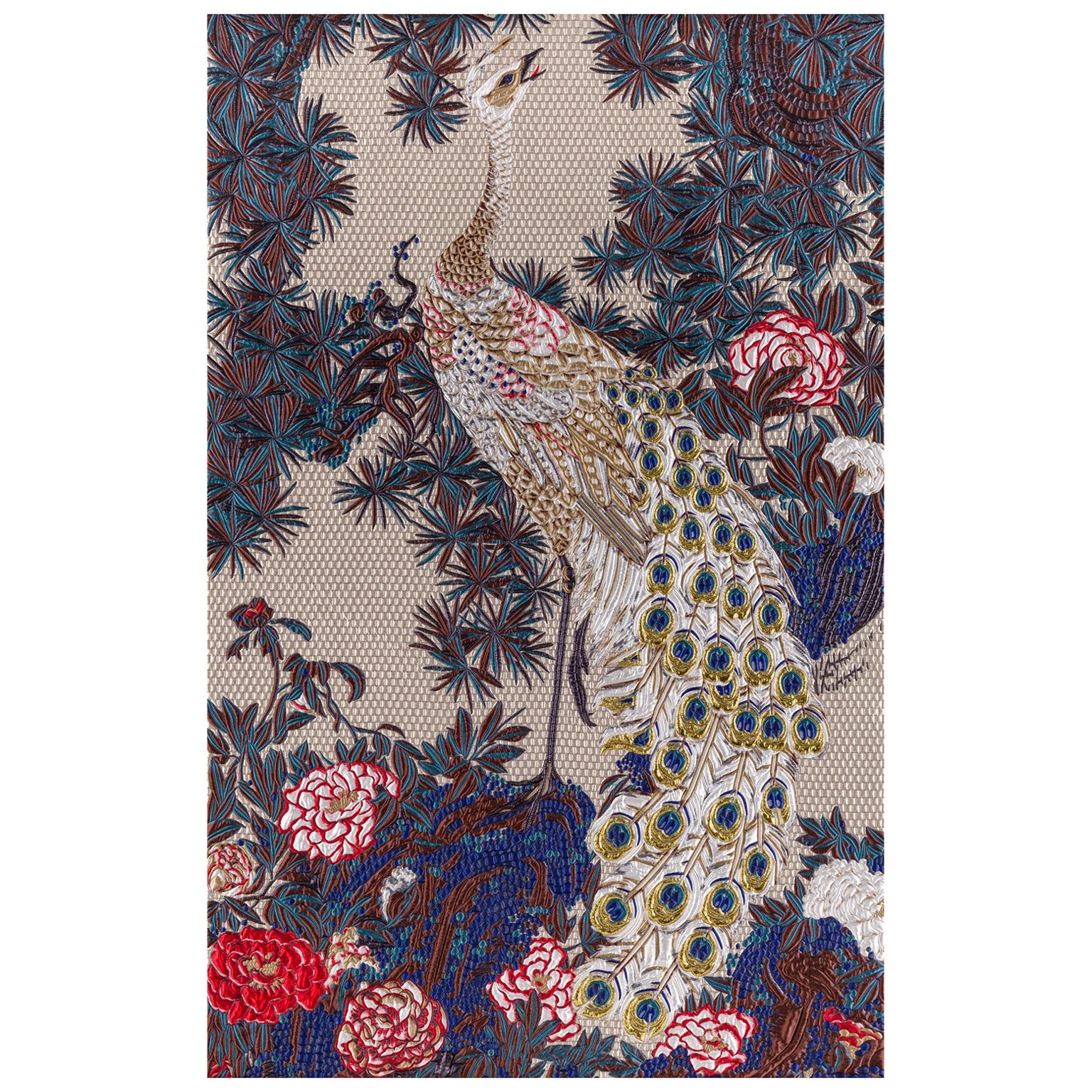 Fabric Tapestry with Peacock Design Upholstered Panel on Demand For Sale