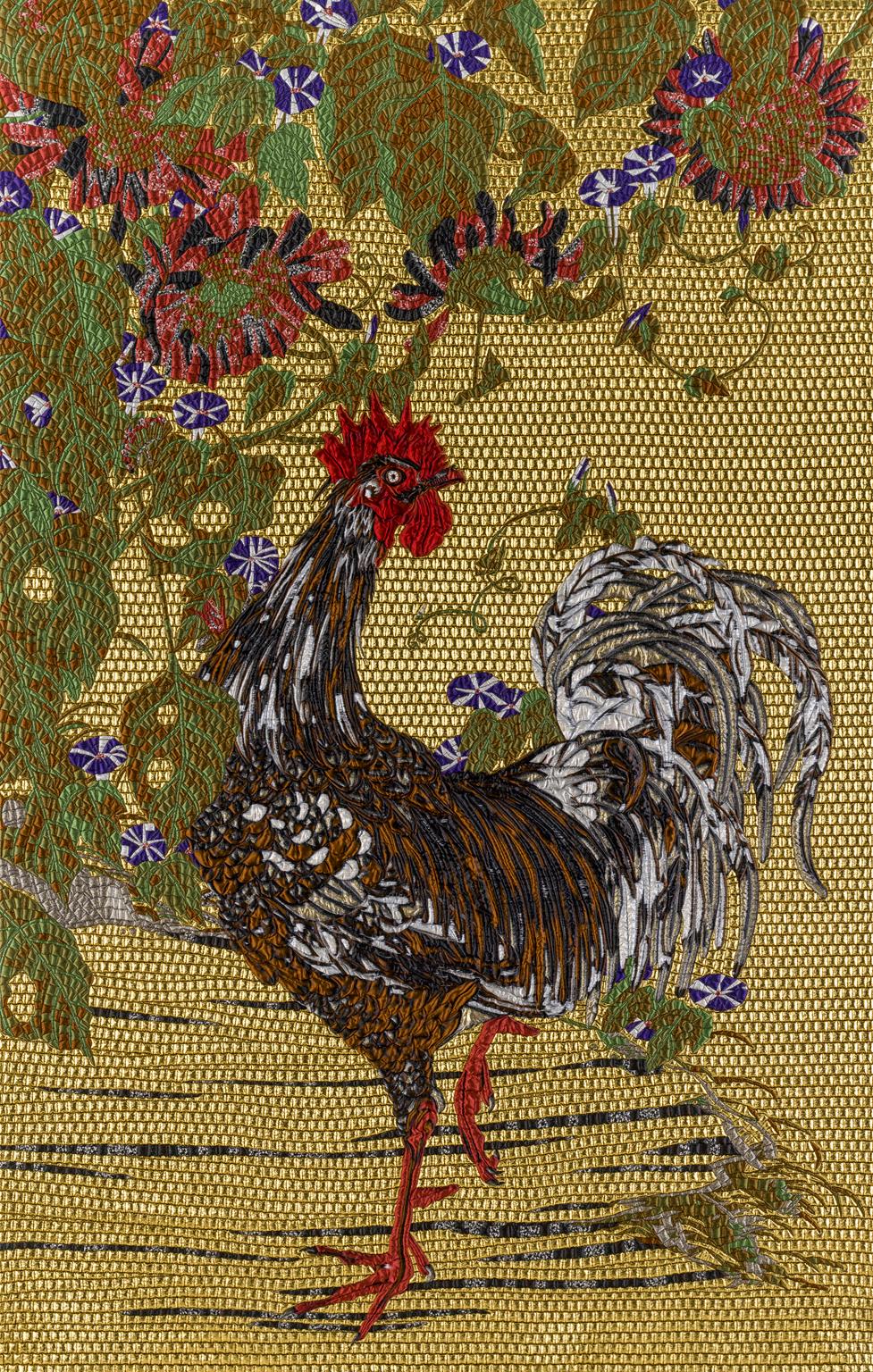 Italian Fabric Tapestry with Rooster Design Upholstered Panel on Demand For Sale