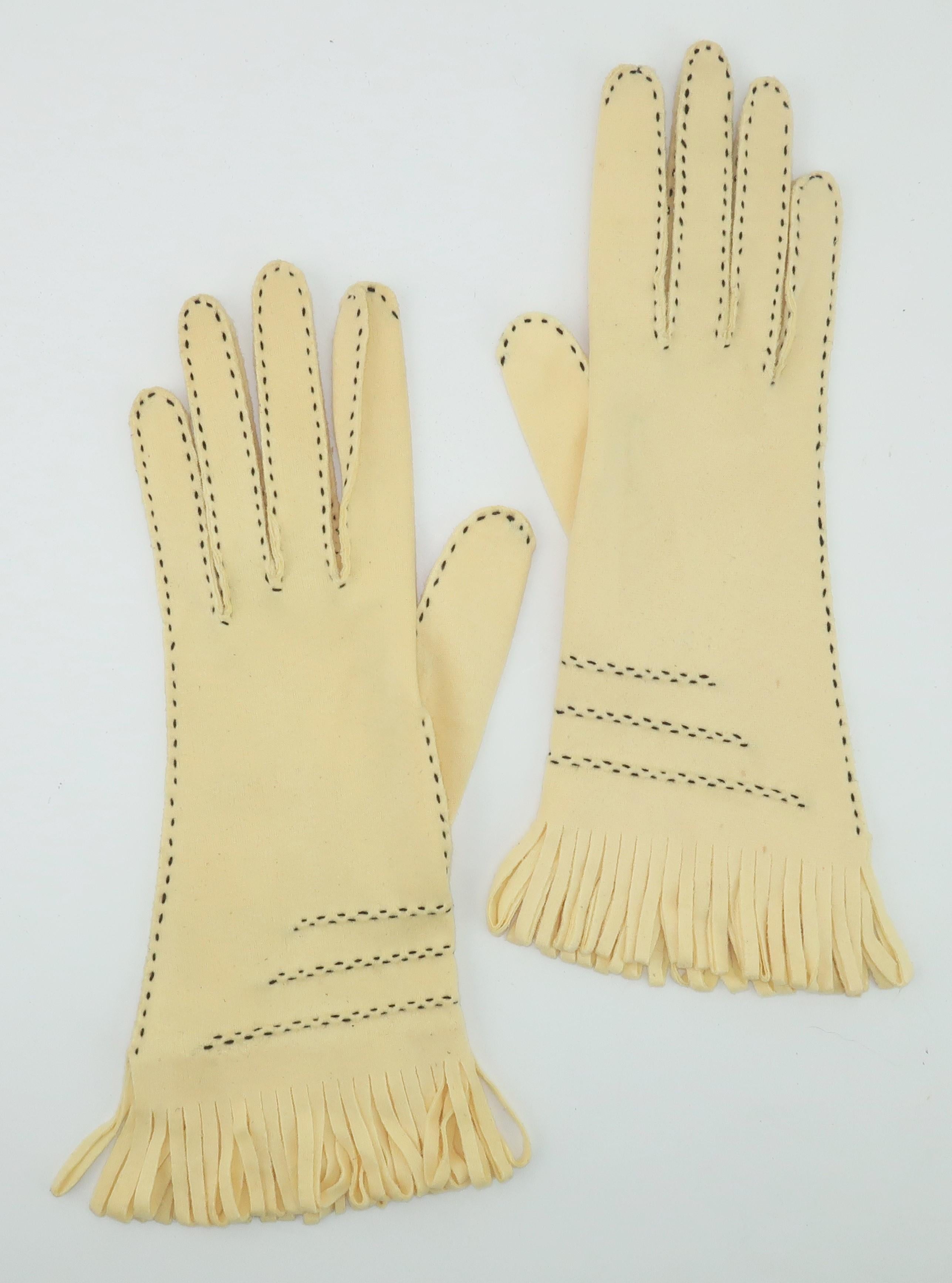 Women's Fabric Western Style Gauntlet Gloves With Fringe Details, 1960's