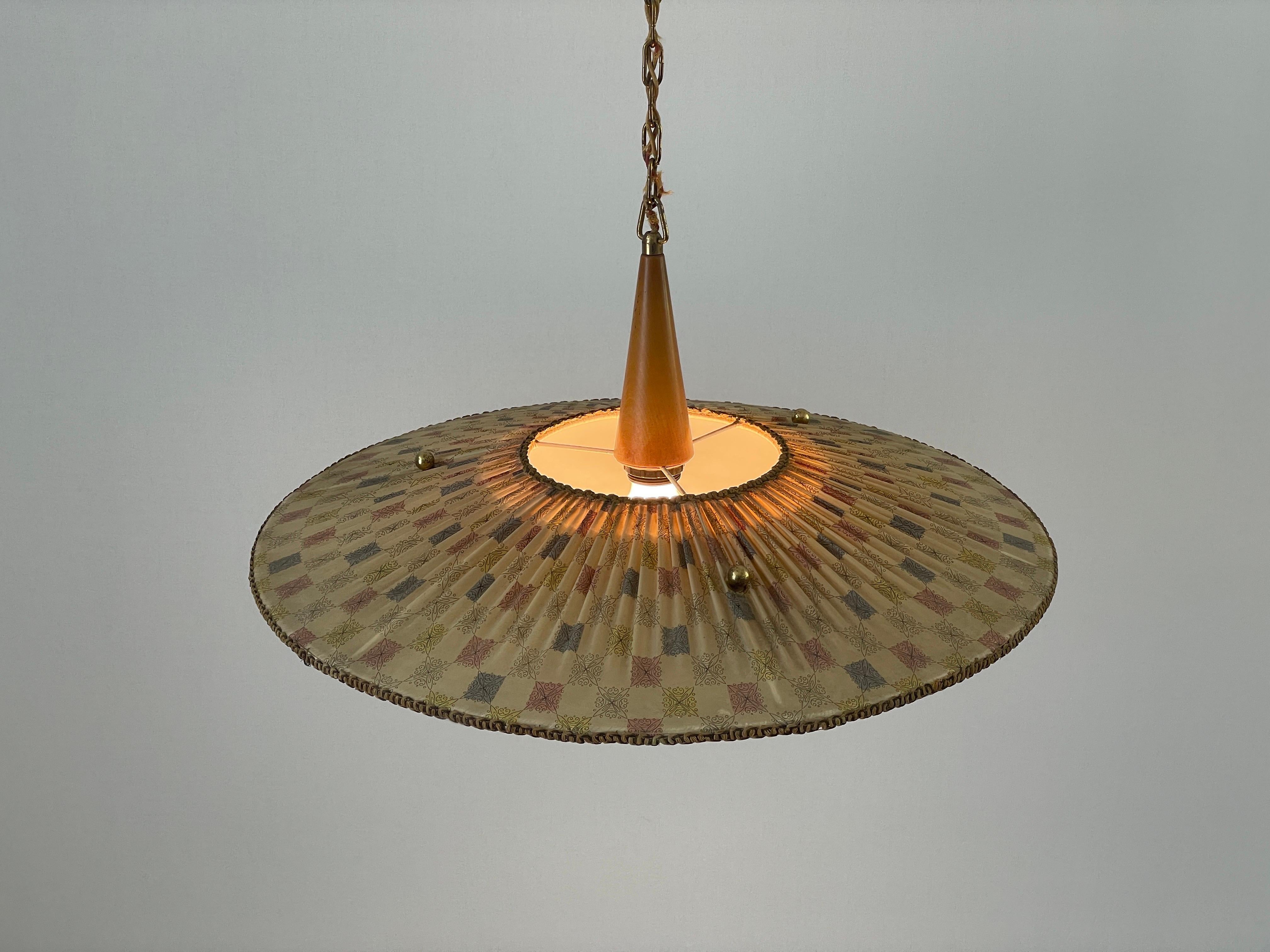 Grande lampe suspendue en tissu, Wood Wood Wood et laiton, années 1960, Italie en vente 7
