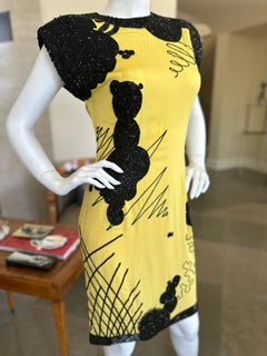 Fabrice 1982 Yellow Silk Cocktail Dress with Black Beading