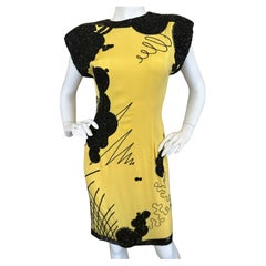 Fabrice 1982 Yellow Silk Cocktail Dress with Black Beading