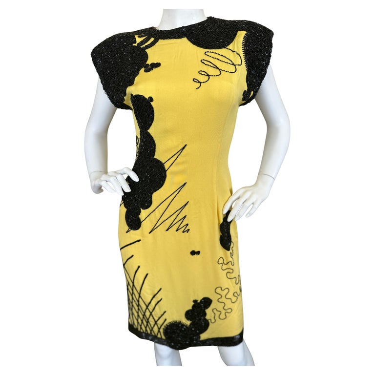 Fabrice 1982 Yellow Silk Cocktail Dress with Black Beading For Sale at