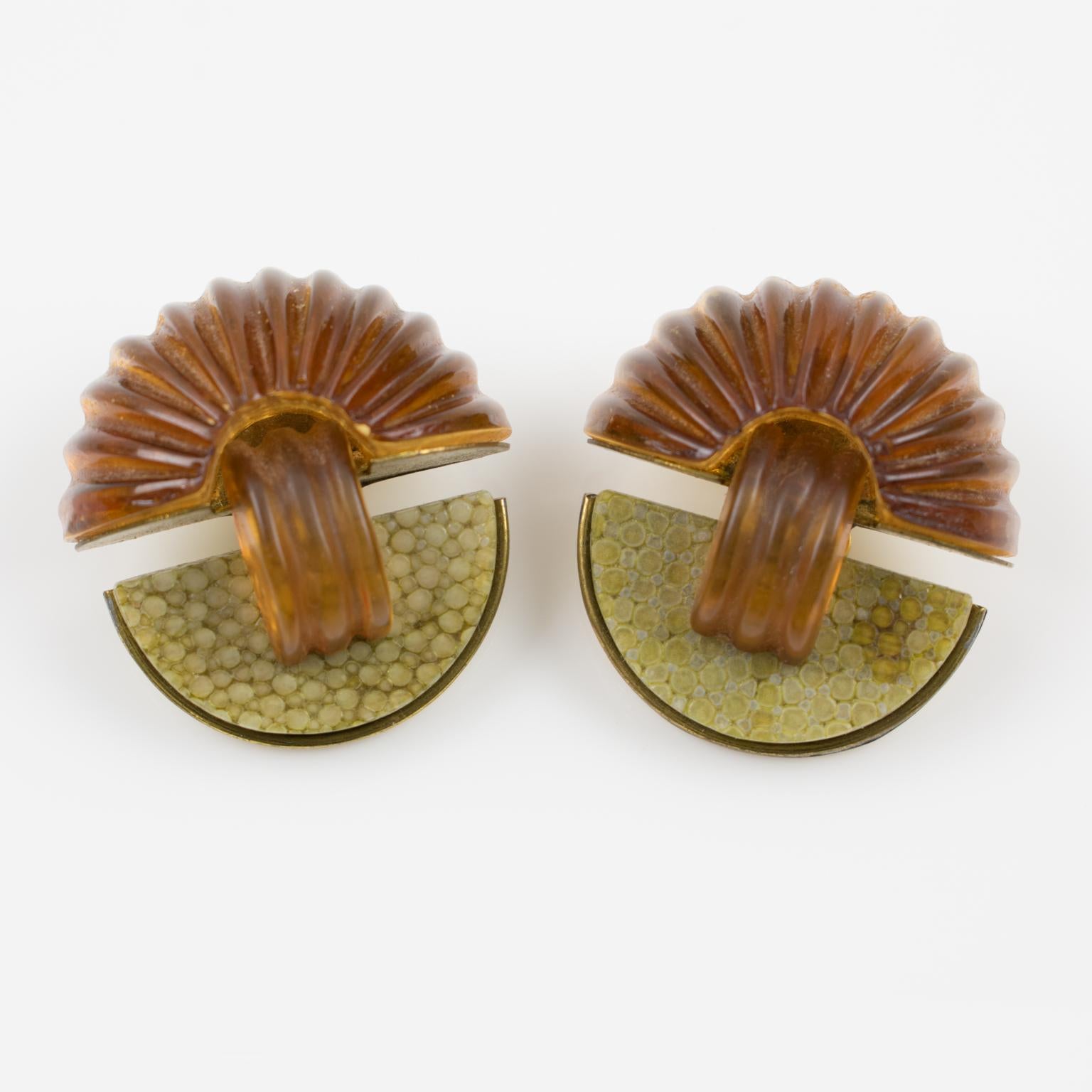 Fabrice Art Deco Brass Shagreen Clip Earrings In Excellent Condition In Atlanta, GA