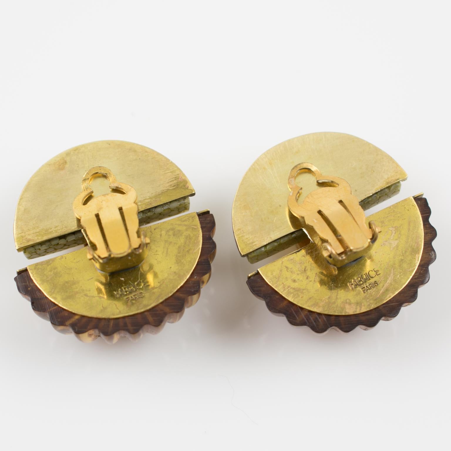 Women's or Men's Fabrice Art Deco Brass Shagreen Clip Earrings