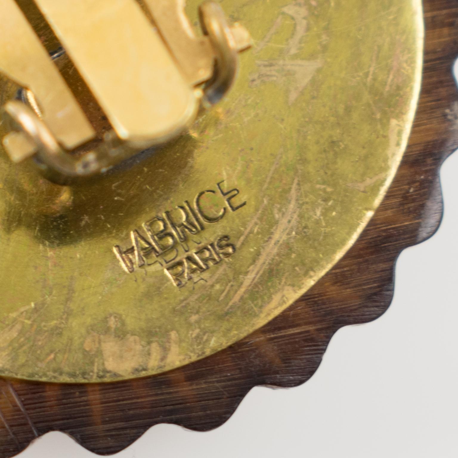 Fabrice Art Deco Brass Shagreen Clip Earrings 1