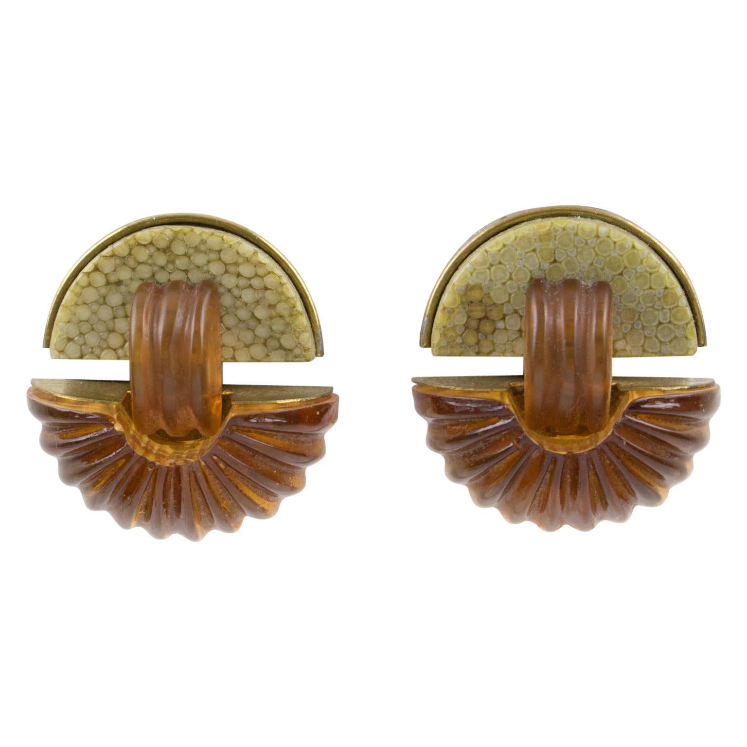 Fabrice Art Deco Brass Shagreen Clip Earrings