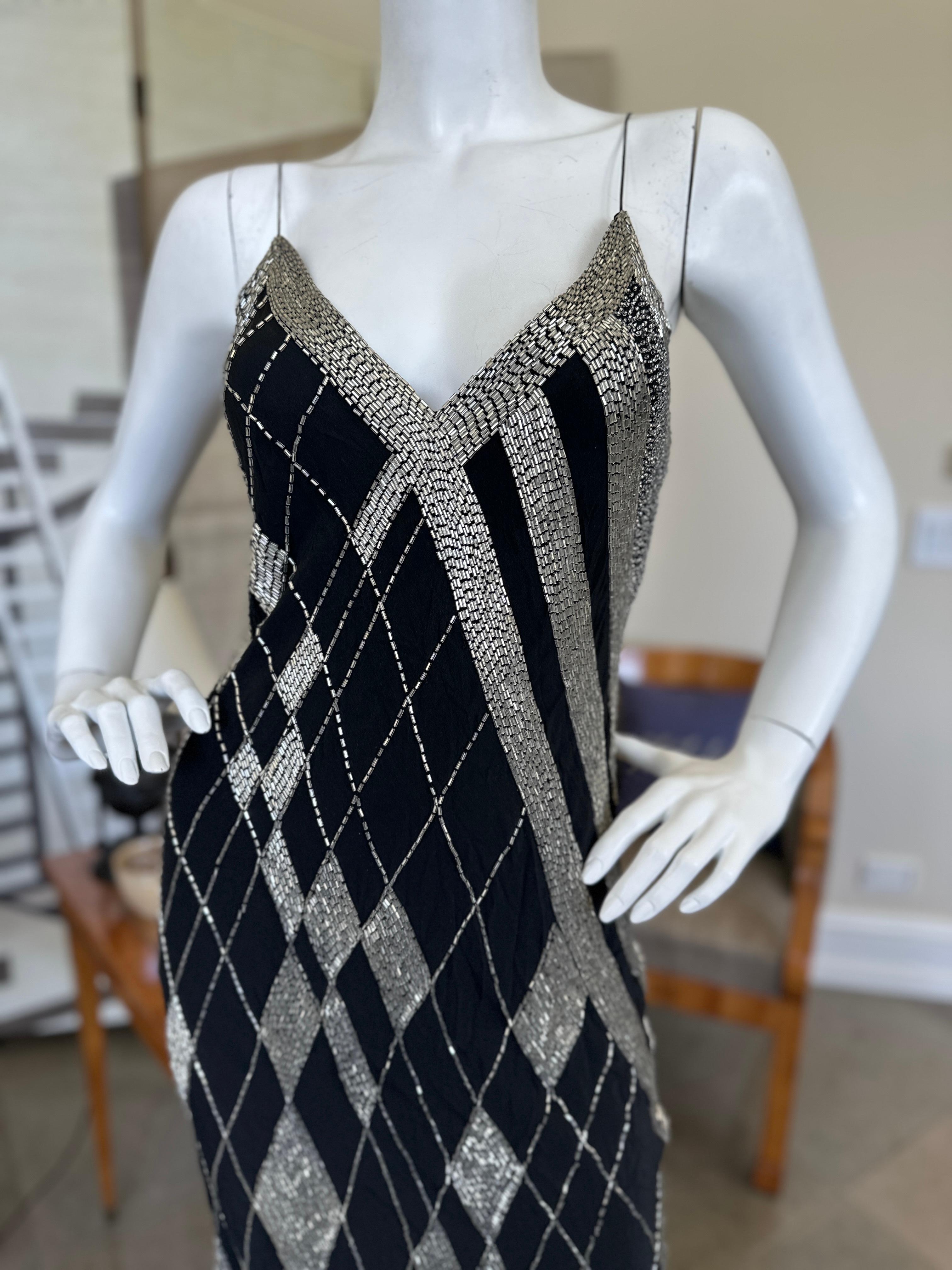 Women's Fabrice Black Silk Beaded Vintage Cocktail Dress with Silver Harlequin Beading For Sale