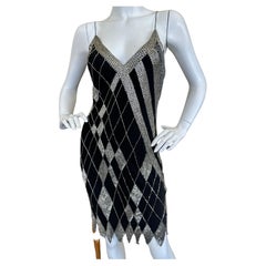 Fabrice Black Silk Beaded Vintage Cocktail Dress with Silver Harlequin Beading