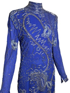 Fabrice Cobalt Blue Paisley Beaded Gown Ensemble, 1980s