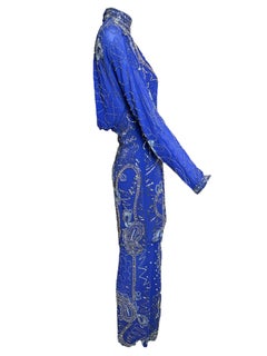 Fabrice Cobalt Blue Paisley Beaded Gown Ensemble, 1980s