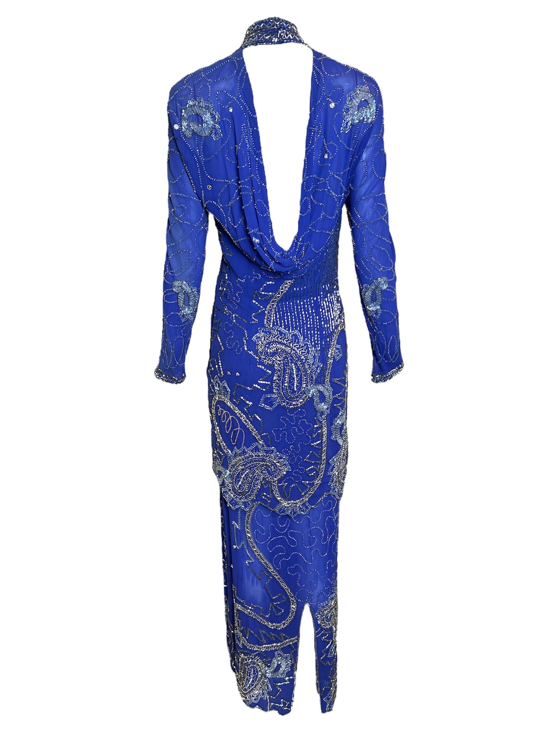 Fabrice Conjunto de Bata con Cuentas de Paisley Azul Cobalto, Años 80 en Bueno estado para la venta en Los Angeles, CA
