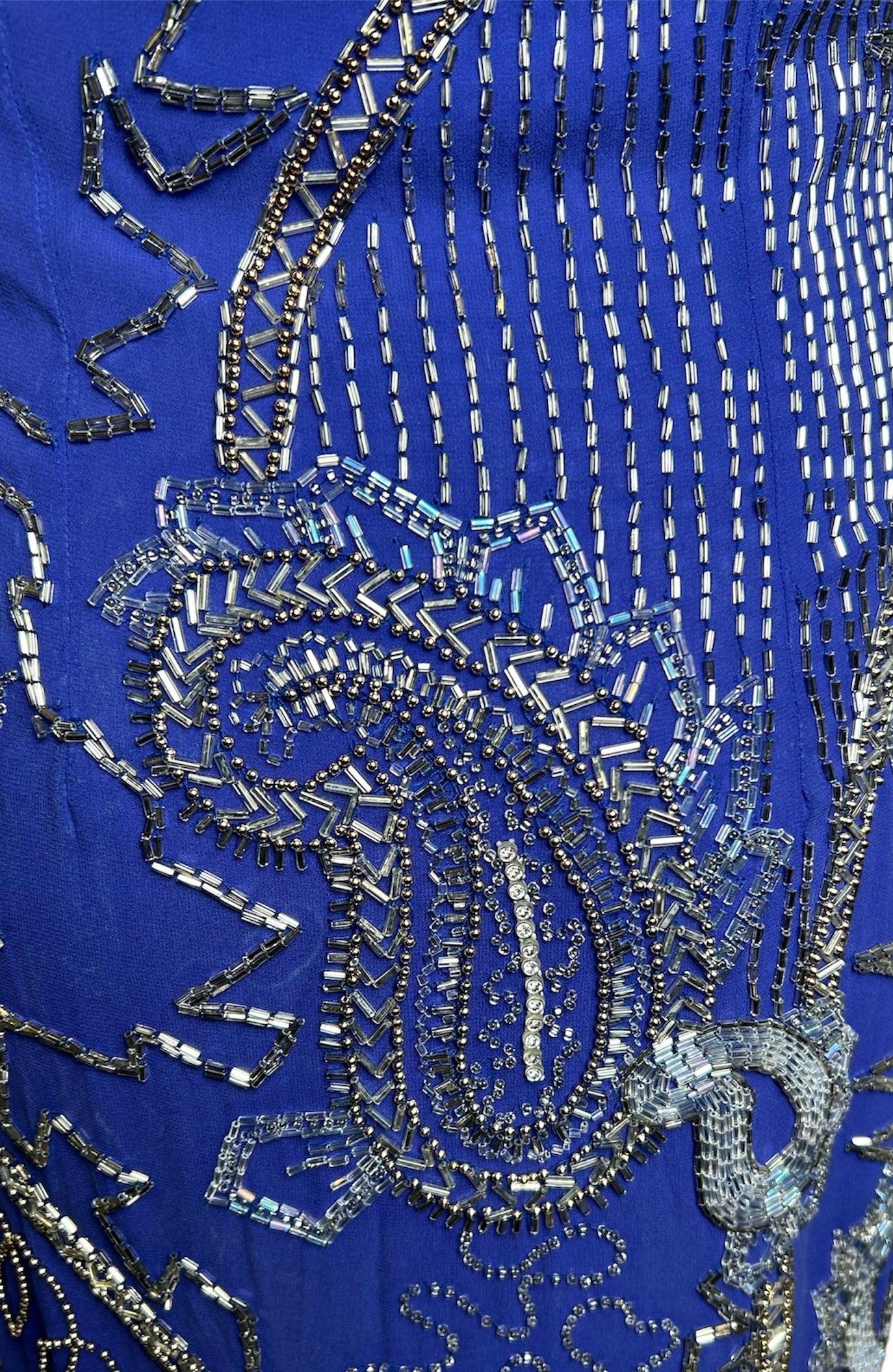 De las mujeres Fabrice Conjunto de Bata con Cuentas de Paisley Azul Cobalto, Años 80 en venta