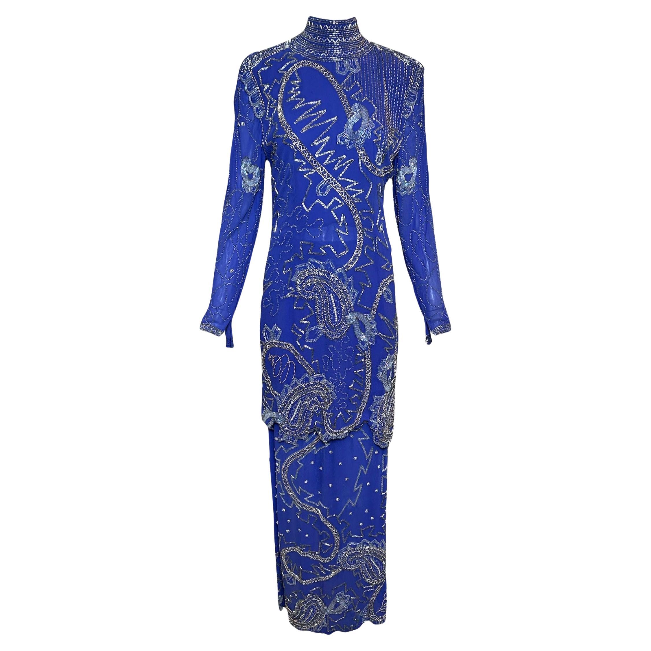 Fabrice Conjunto de Bata con Cuentas de Paisley Azul Cobalto, Años 80 en venta