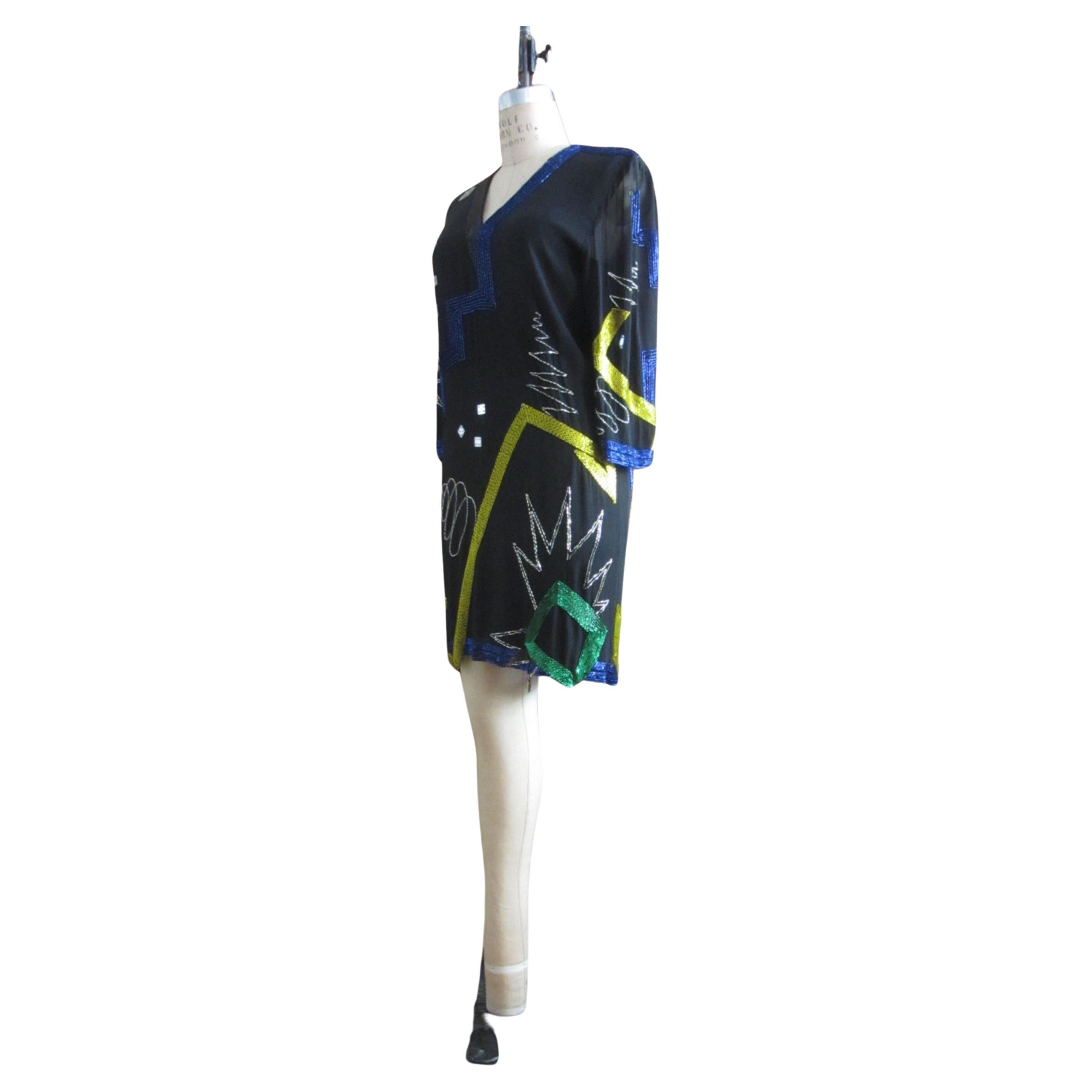 Fabrice Black Silk and Colorful Pop Art Dress In Excellent Condition For Sale In Brooklyn, NY