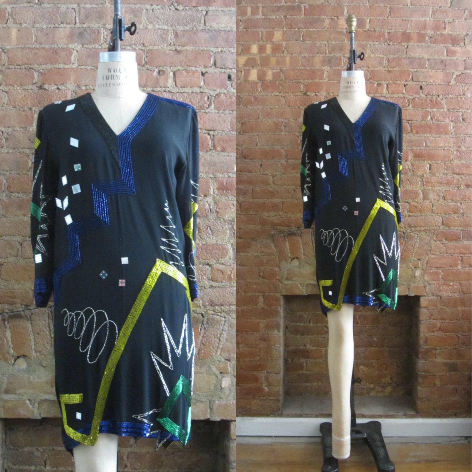 De las mujeres Fabrice Vestido de Seda Negra y Colorido Pop Art en venta