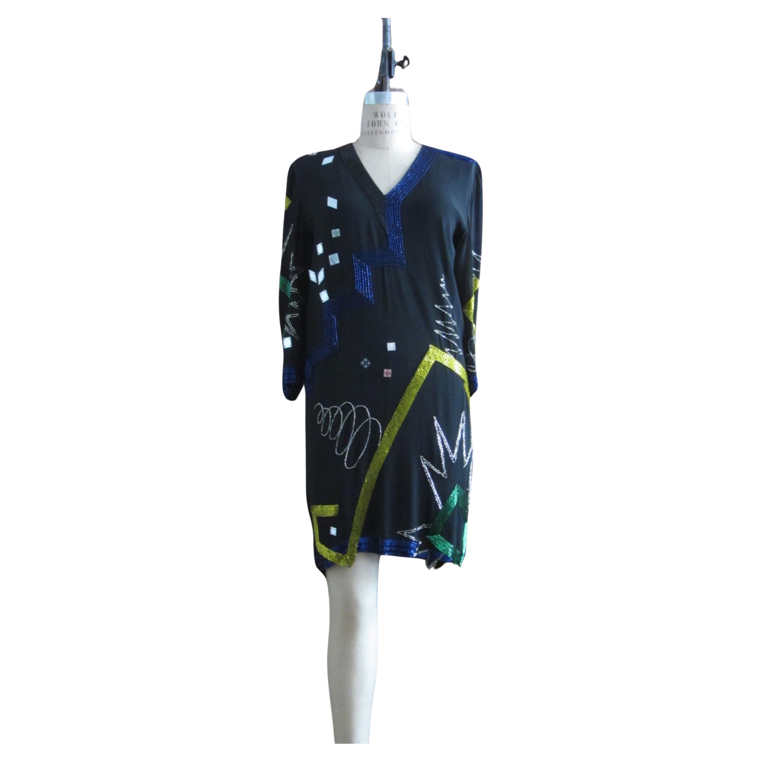 Fabrice Vestido de Seda Negra y Colorido Pop Art en venta