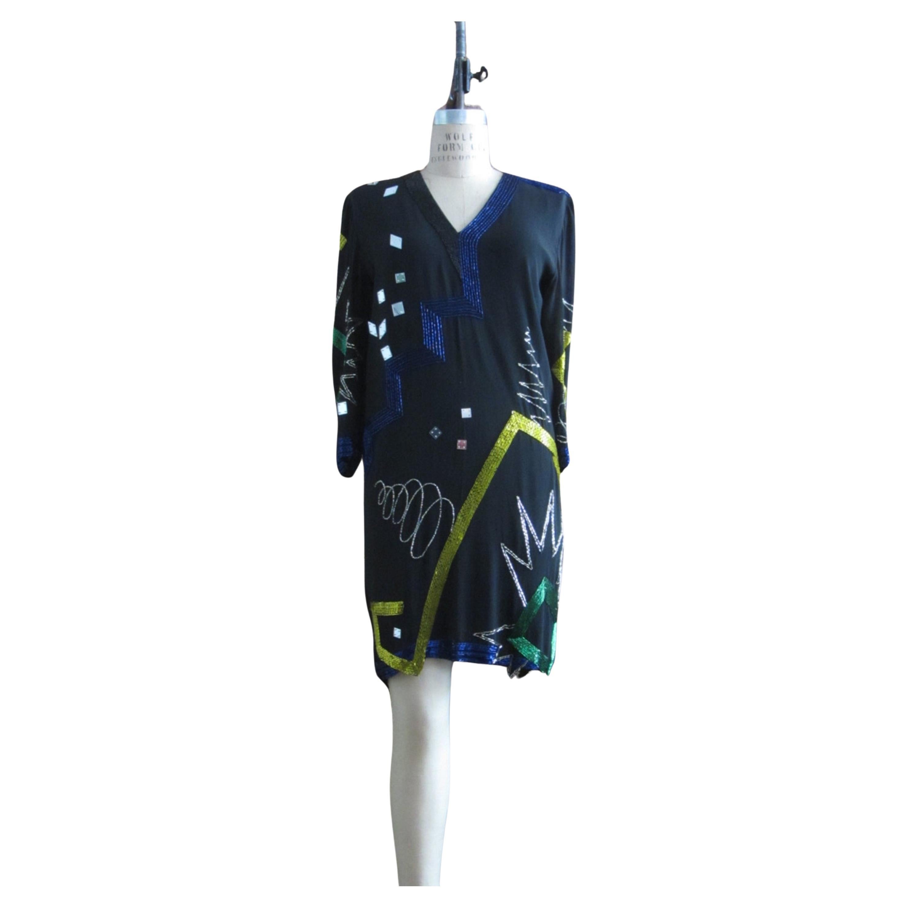 Robe en soie noire et pop art coloré de Fabrice en vente