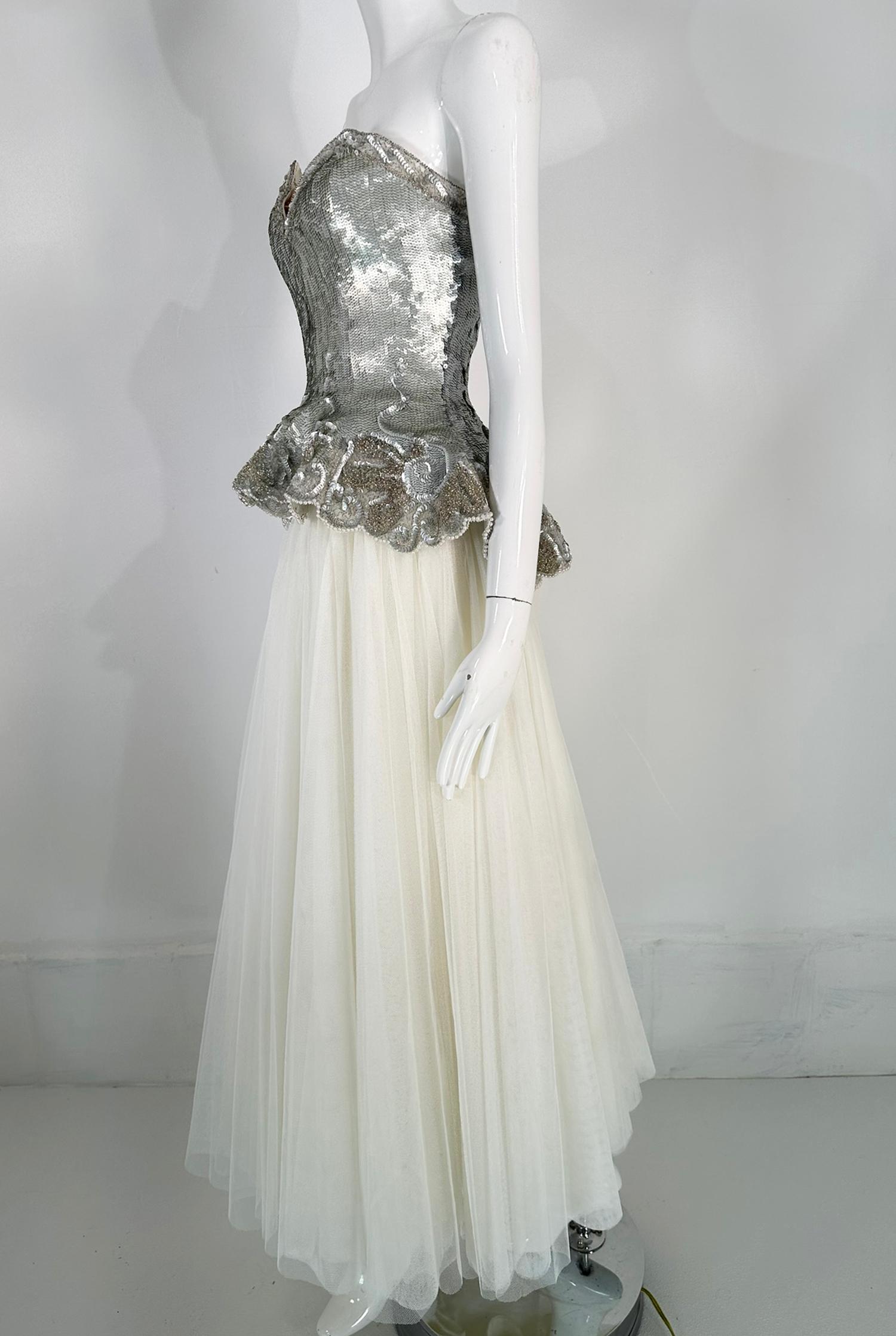 Fabrice Gold & Silver Sequin Peplum Hem Bustier with White Tulle Layered Skirt 7