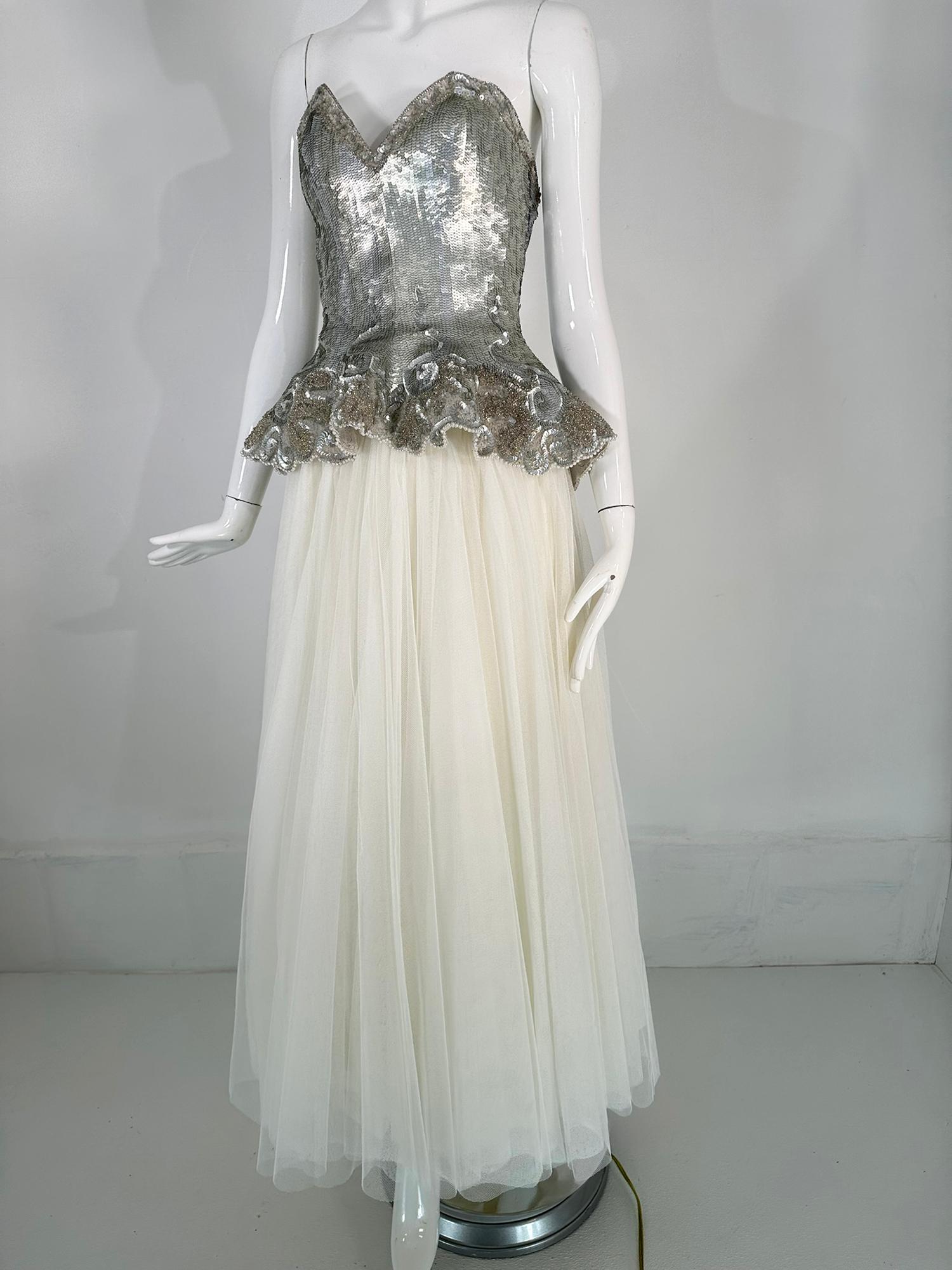 Fabrice Gold & Silver Sequin Peplum Hem Bustier with White Tulle Layered Skirt 9