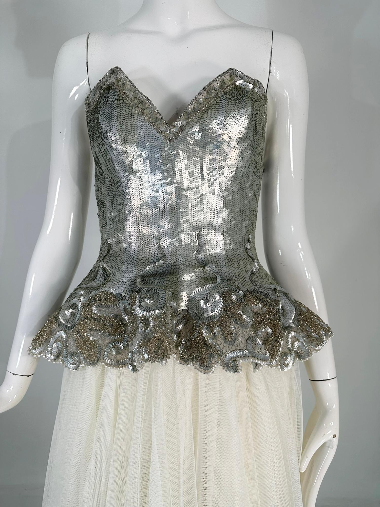 Fabrice Gold & Silver Sequin Peplum Hem Bustier with White Tulle Layered Skirt 10