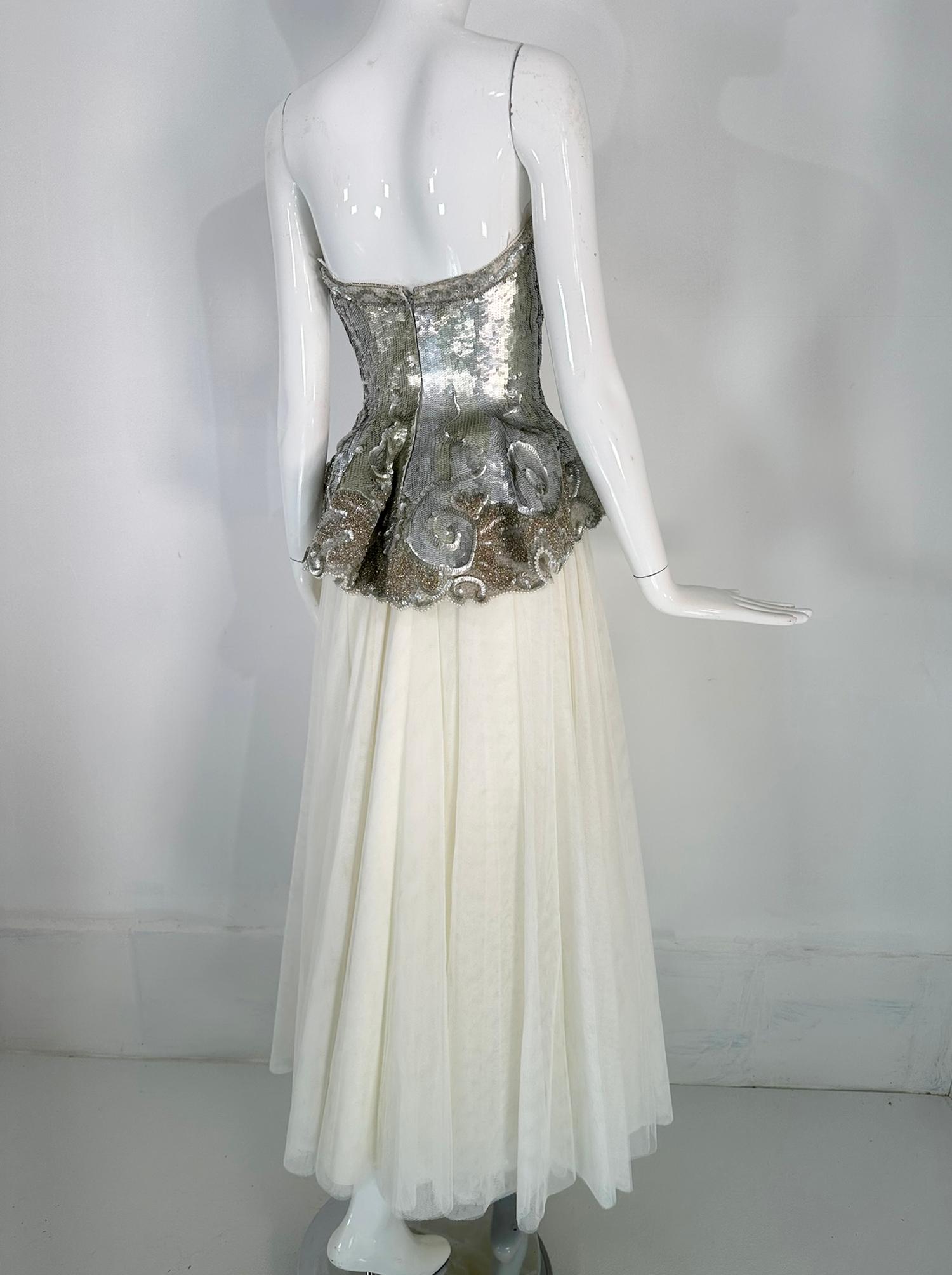 Fabrice Gold & Silver Sequin Peplum Hem Bustier with White Tulle Layered Skirt 3