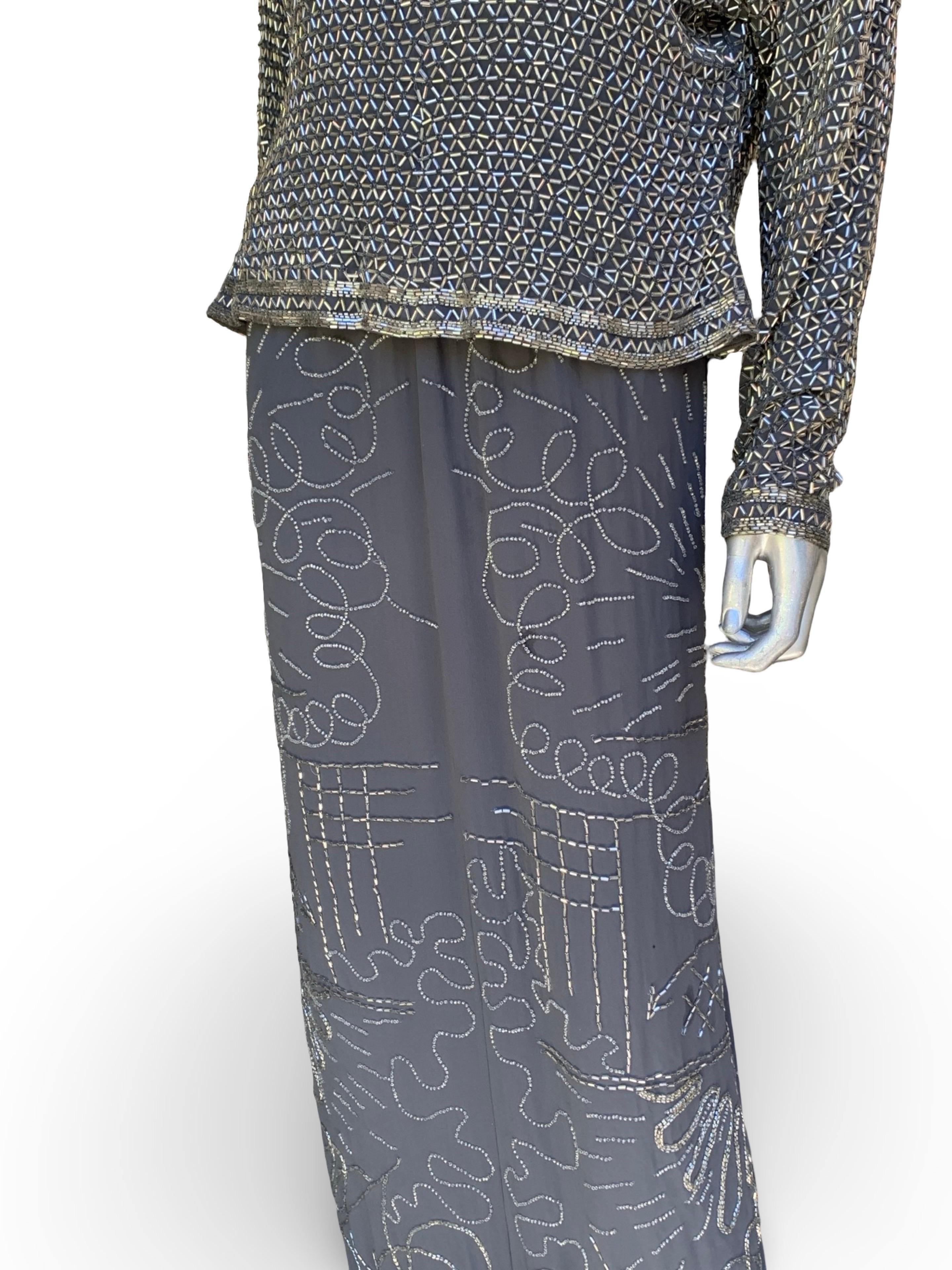 Fabrice New York Vintage Robe de soirée Spectaculaire perles de cristal Soie grise Sz L en vente 5