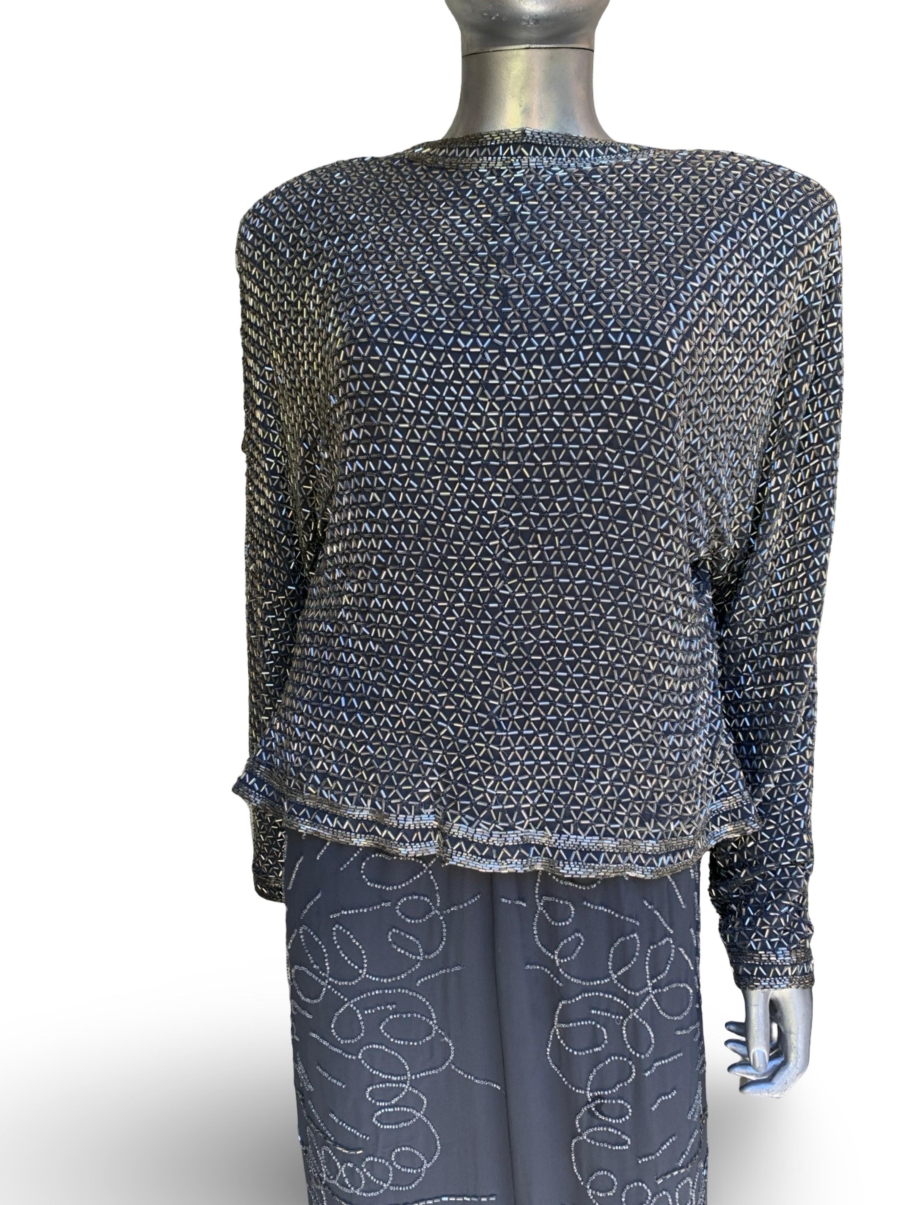 Fabrice New York Vintage Robe de soirée Spectaculaire perles de cristal Soie grise Sz L en vente 6