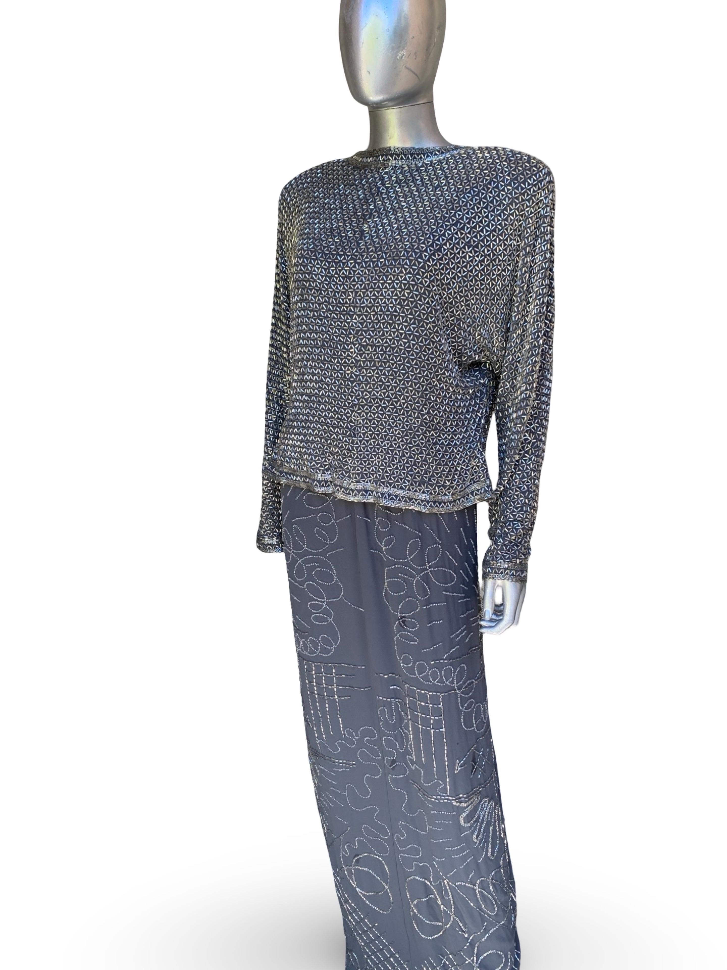 Fabrice New York Vintage Robe de soirée Spectaculaire perles de cristal Soie grise Sz L en vente 7