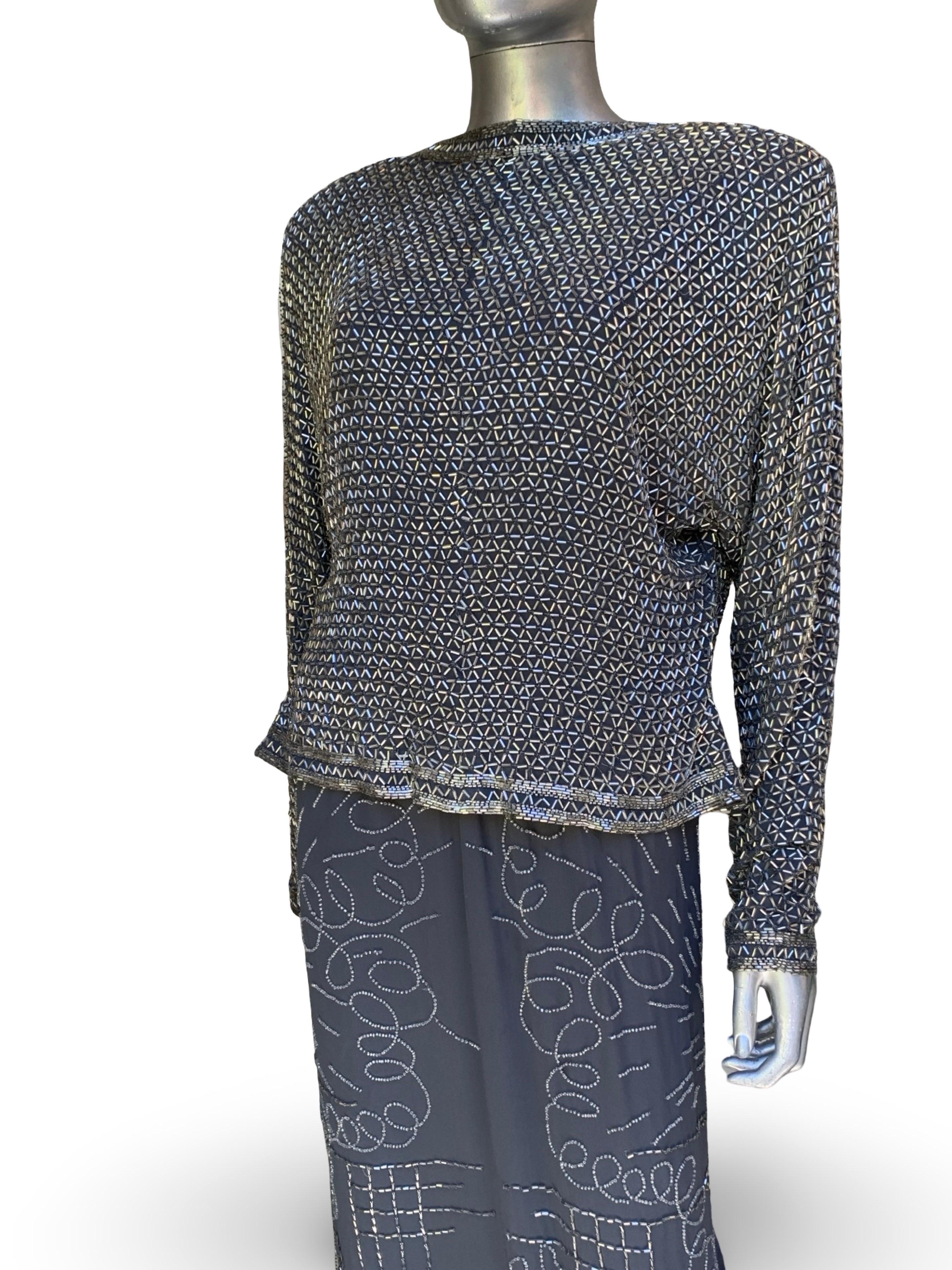 Fabrice New York Vintage Robe de soirée Spectaculaire perles de cristal Soie grise Sz L en vente 9