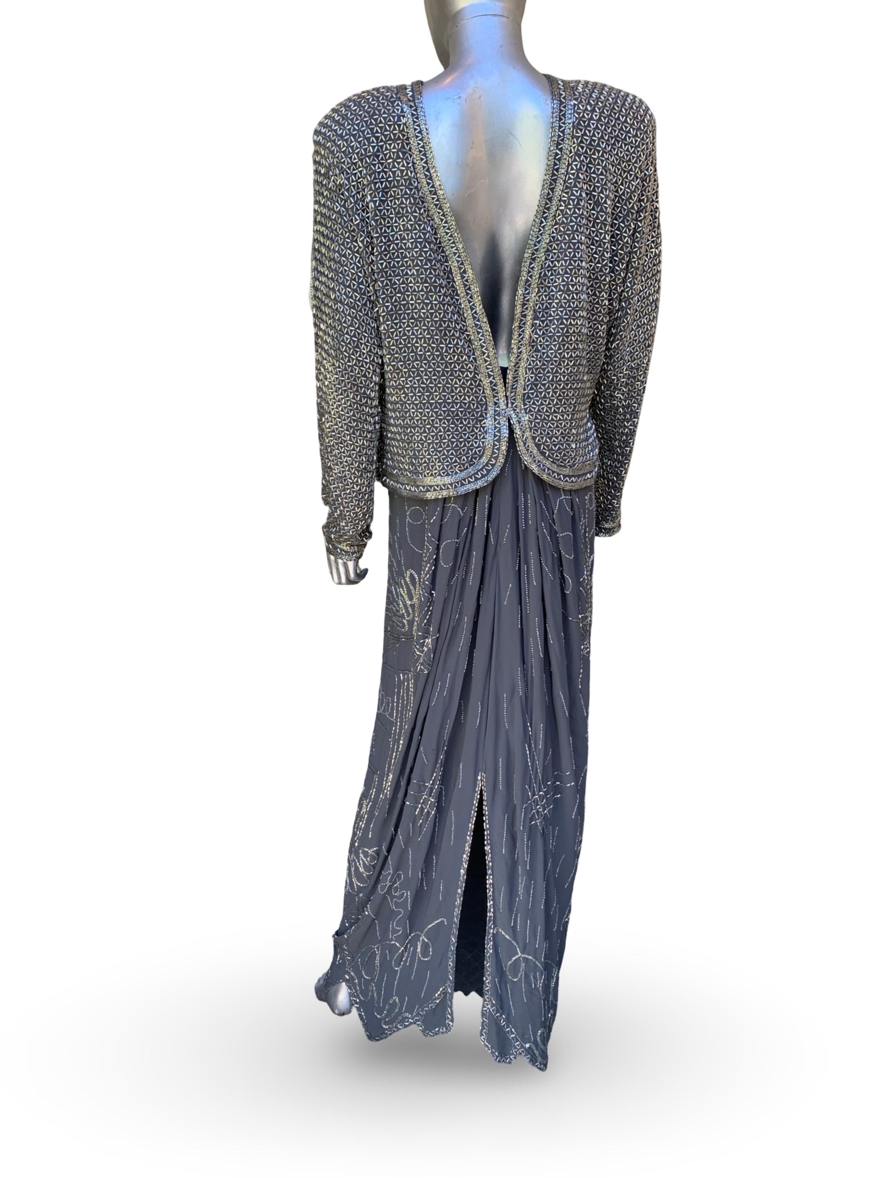Fabrice New York Vintage Robe de soirée Spectaculaire perles de cristal Soie grise Sz L en vente 11