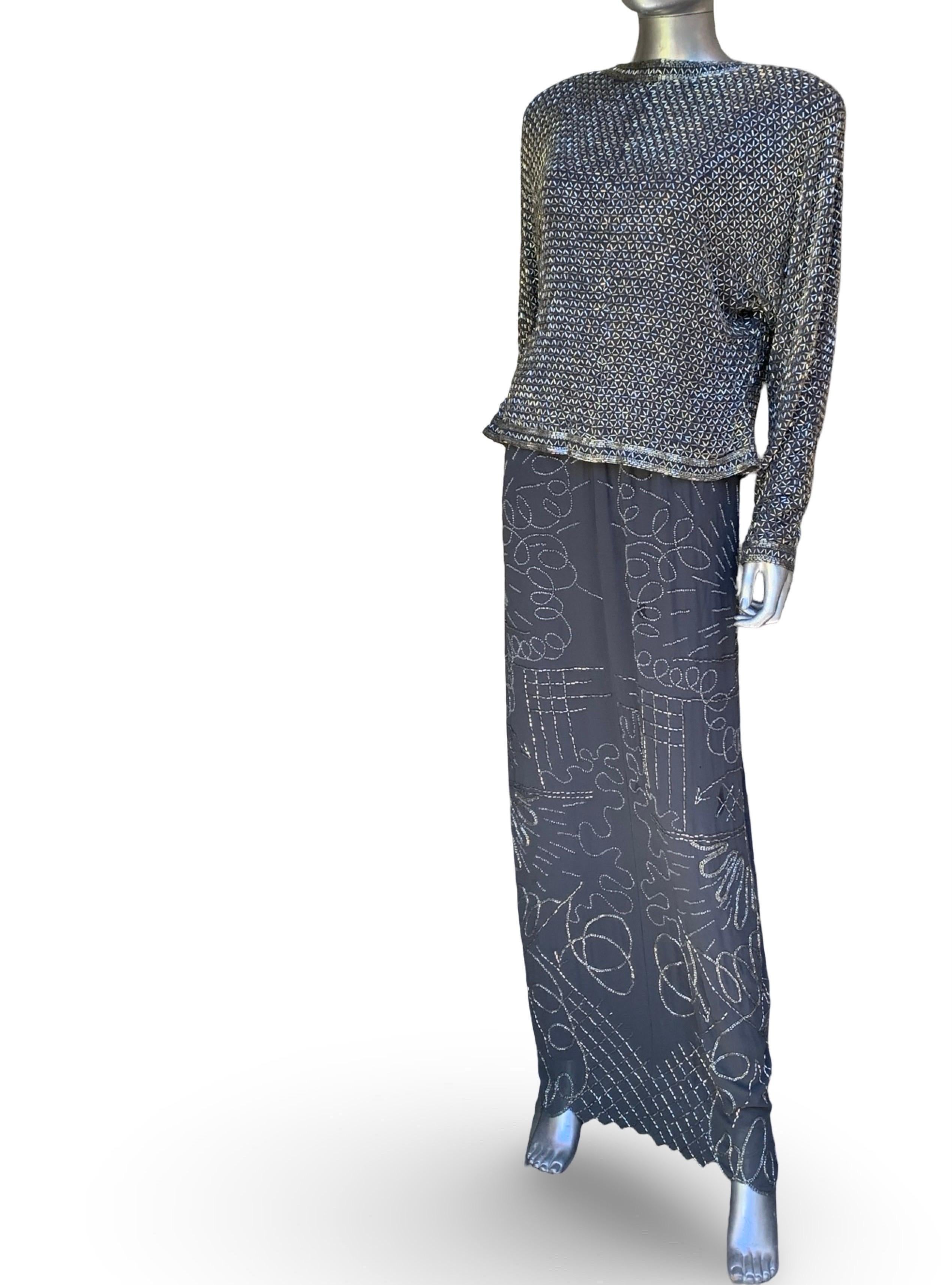 Fabrice New York Vintage Robe de soirée Spectaculaire perles de cristal Soie grise Sz L en vente 12