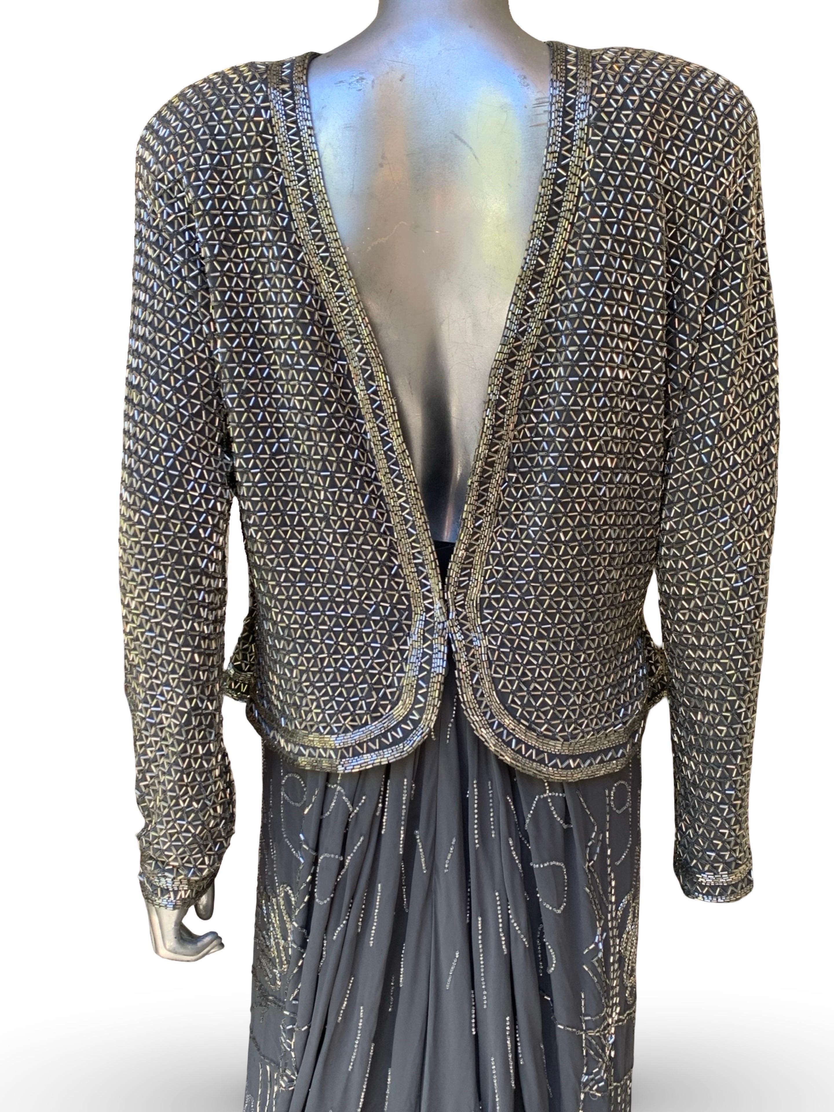 Fabrice New York Vintage Robe de soirée Spectaculaire perles de cristal Soie grise Sz L en vente 1