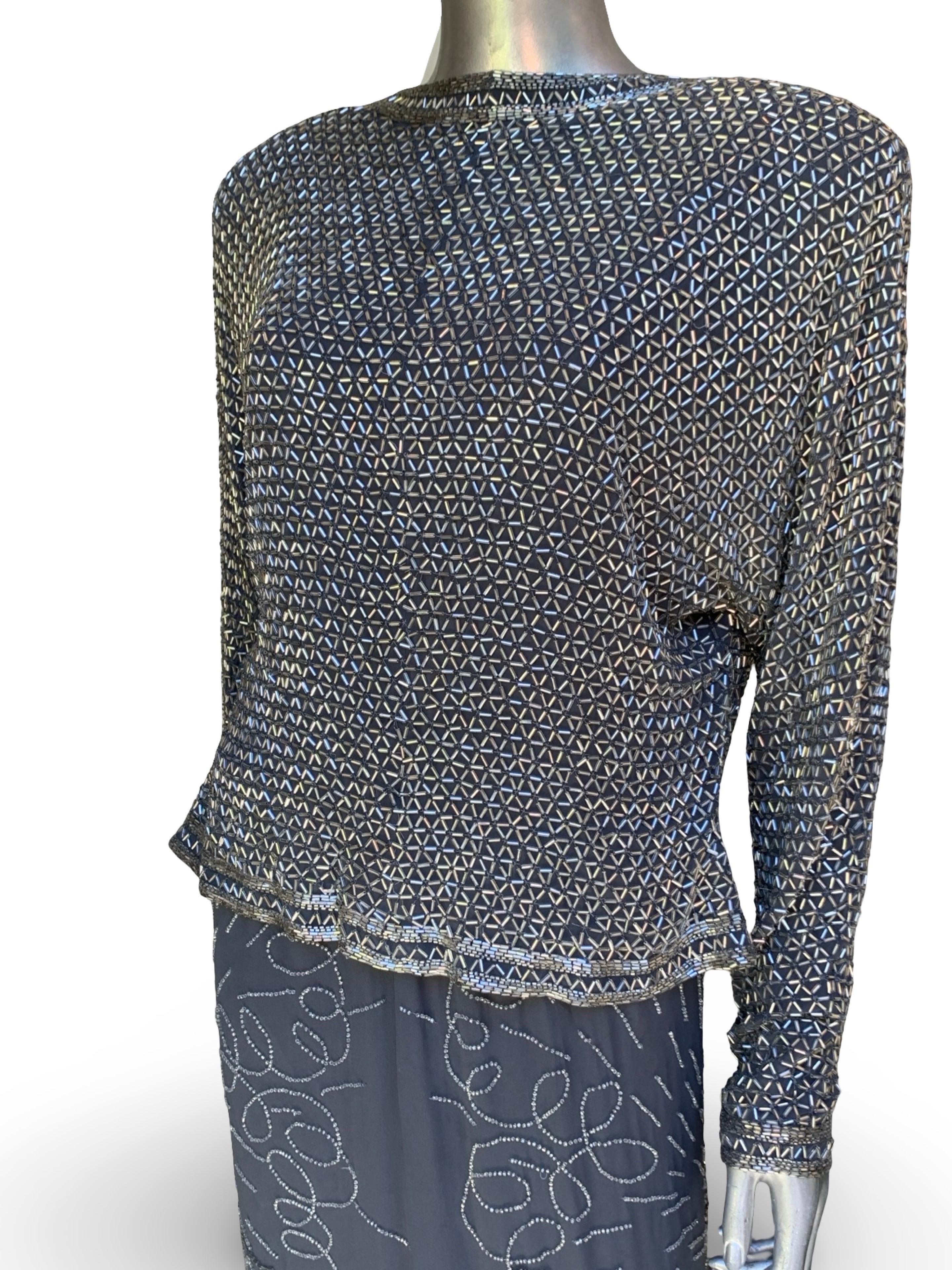 Fabrice New York Vintage Robe de soirée Spectaculaire perles de cristal Soie grise Sz L en vente 2