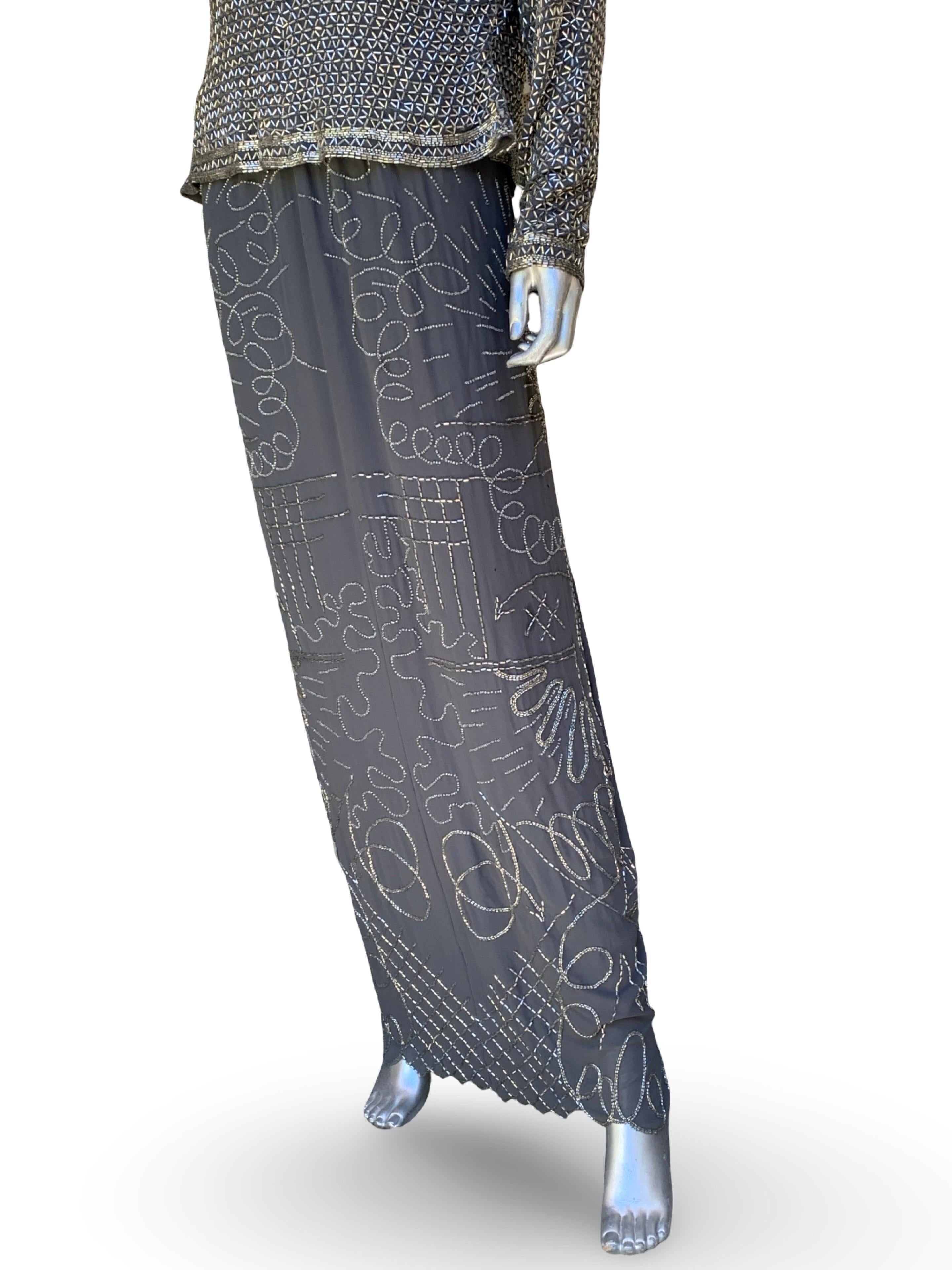Fabrice New York Vintage Robe de soirée Spectaculaire perles de cristal Soie grise Sz L en vente 3
