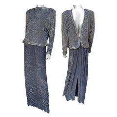 Fabrice New York Vintage Evening Gown Spectacular Crystal Beads Grey Silk Sz L