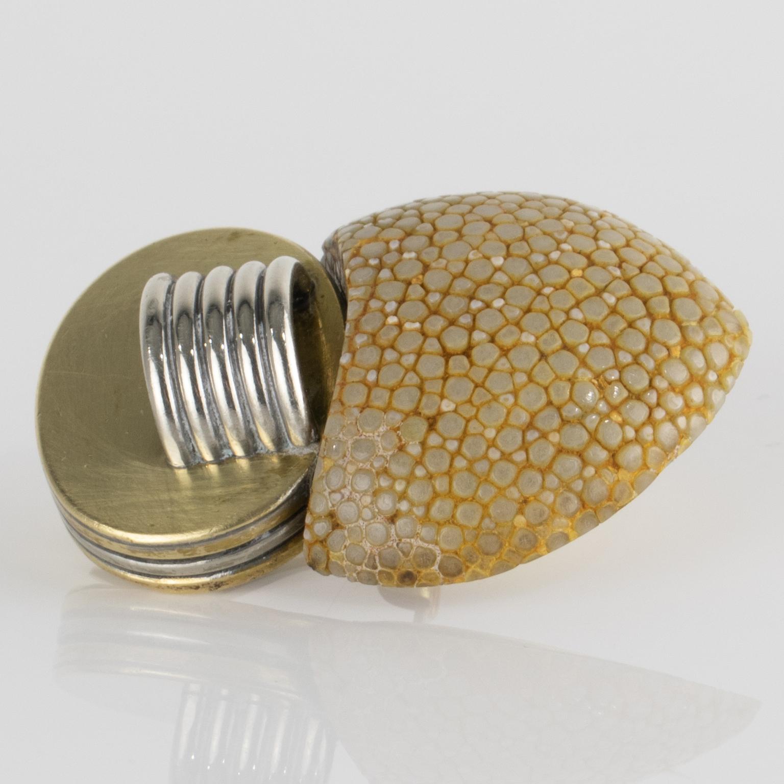 Fabrice Paris Art Deco Brass, Chrome and Shagreen Clip Earrings en vente 5