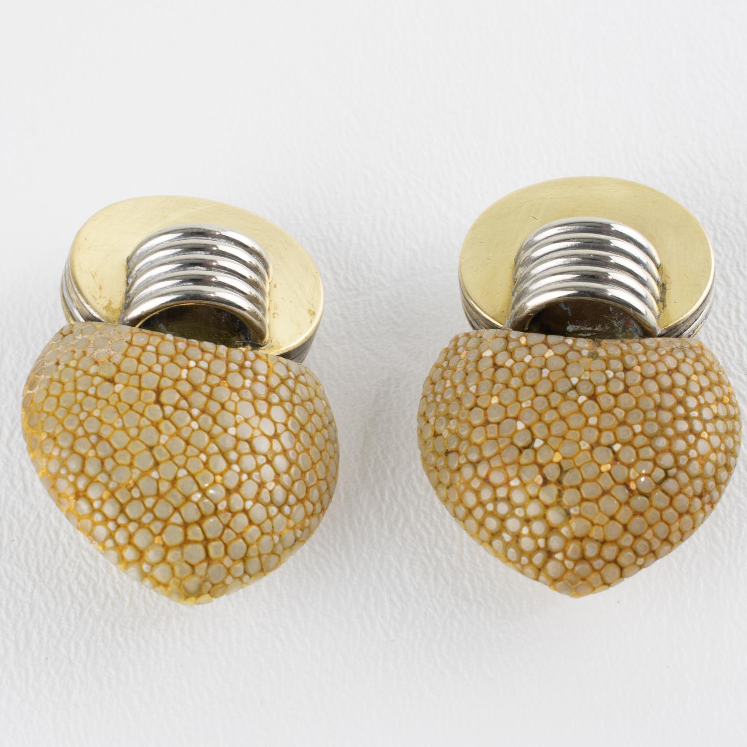 Art déco Fabrice Paris Art Deco Brass, Chrome and Shagreen Clip Earrings en vente
