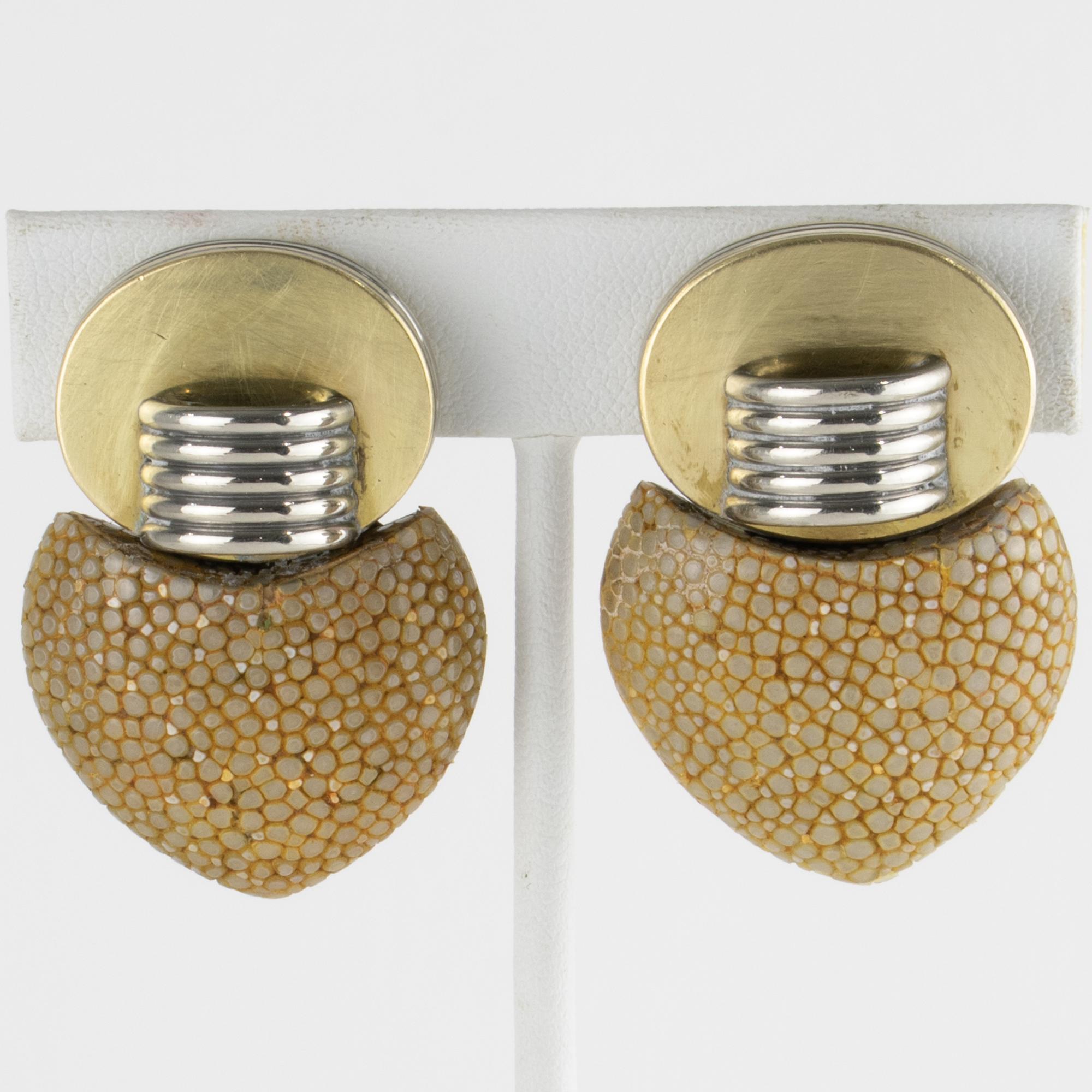 Fabrice Paris Art Deco Brass, Chrome and Shagreen Clip Earrings Bon état - En vente à Atlanta, GA