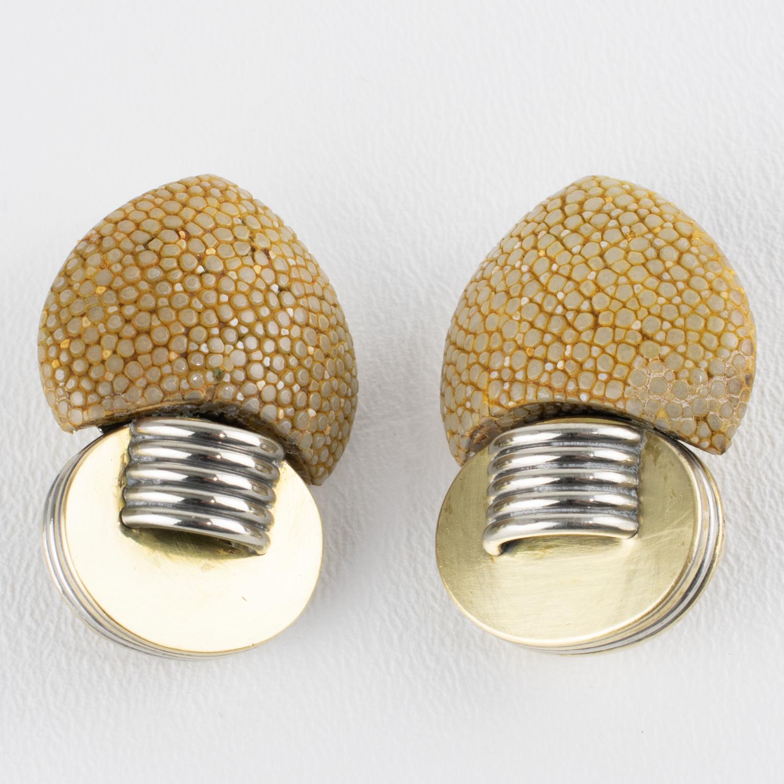 Fabrice Paris Art Deco Brass, Chrome and Shagreen Clip Earrings Unisexe en vente