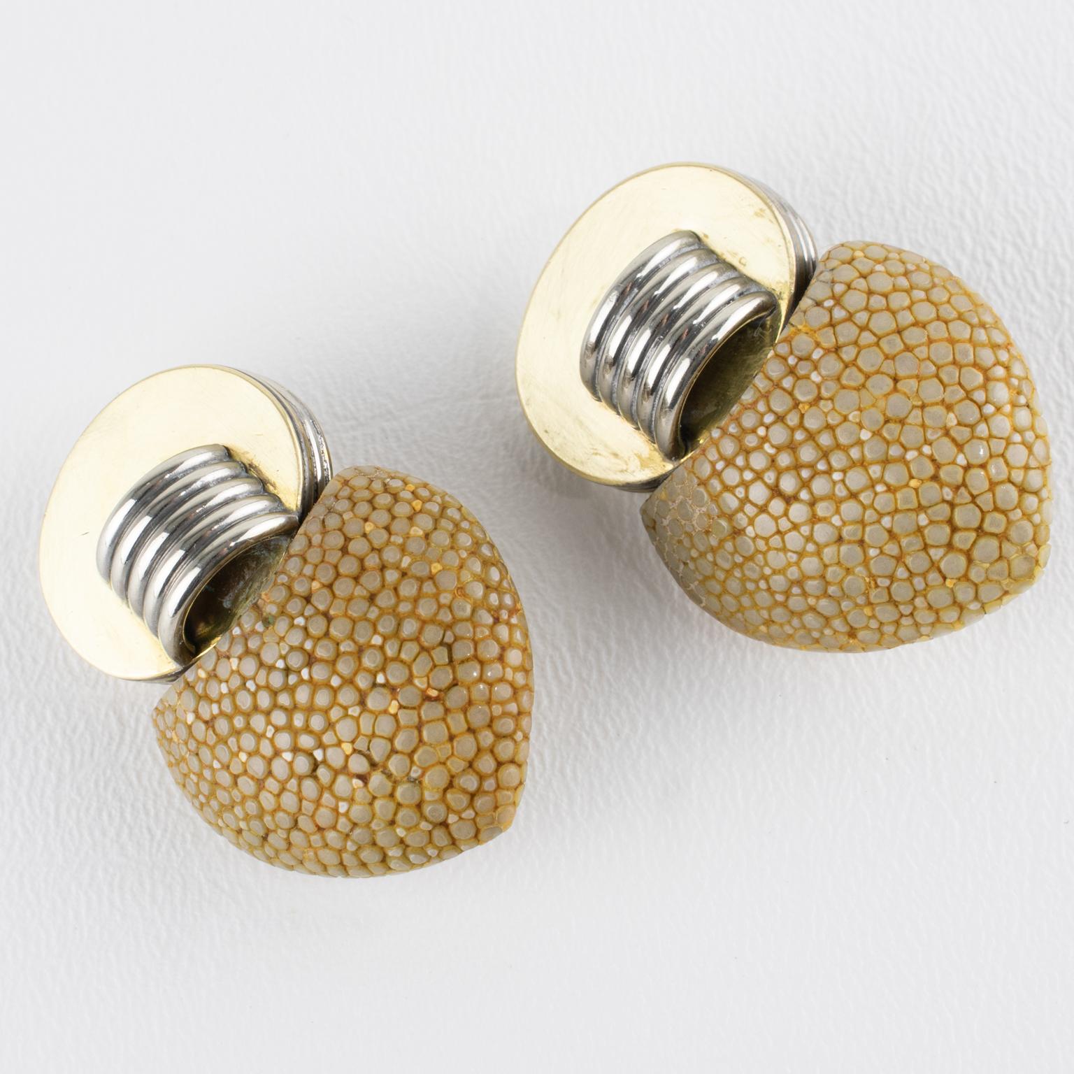 Fabrice Paris Art Deco Brass, Chrome and Shagreen Clip Earrings en vente 1