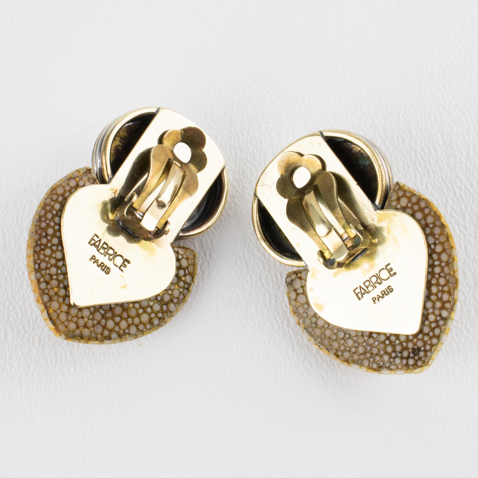 Fabrice Paris Art Deco Brass, Chrome and Shagreen Clip Earrings en vente 2