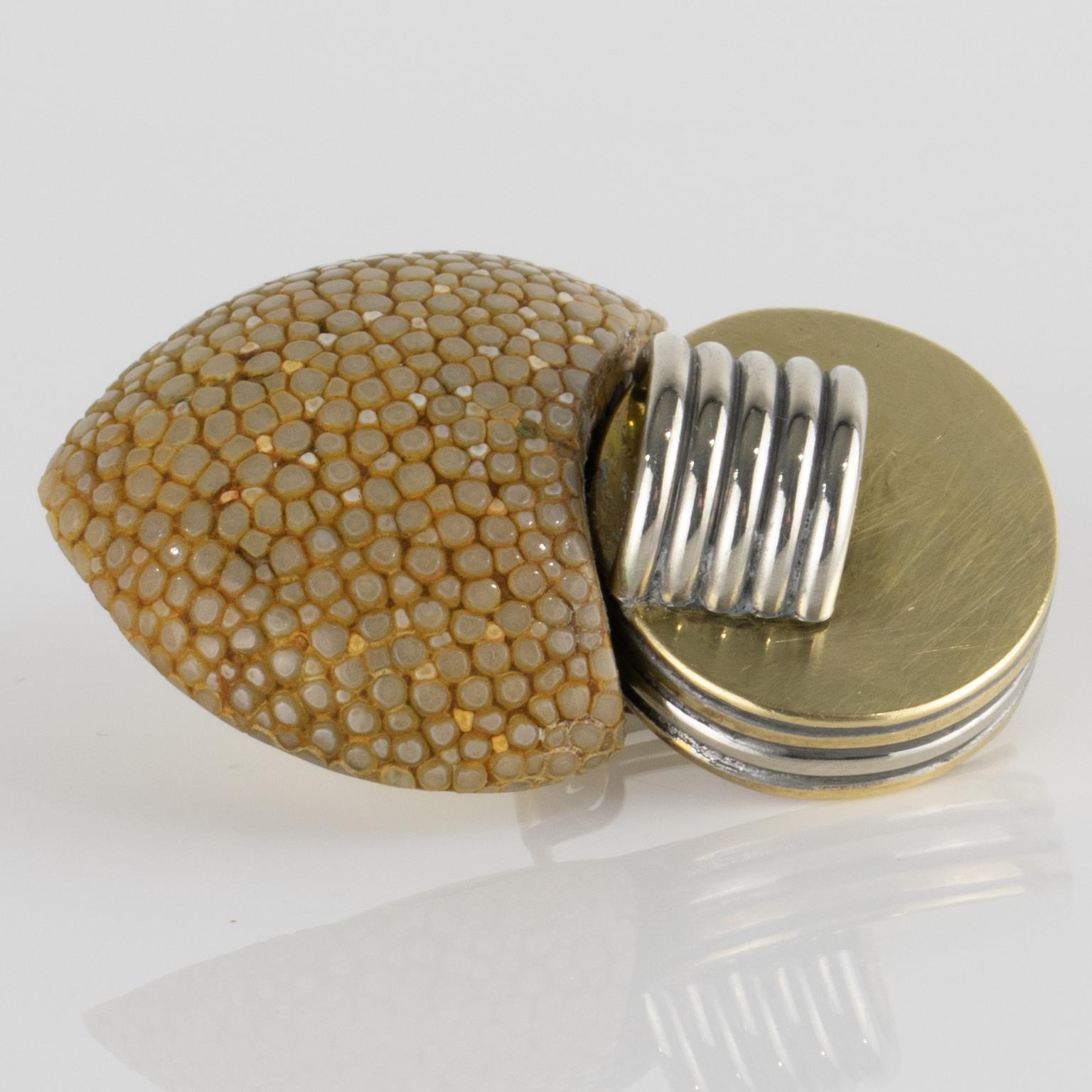 Fabrice Paris Art Deco Brass, Chrome and Shagreen Clip Earrings en vente 4