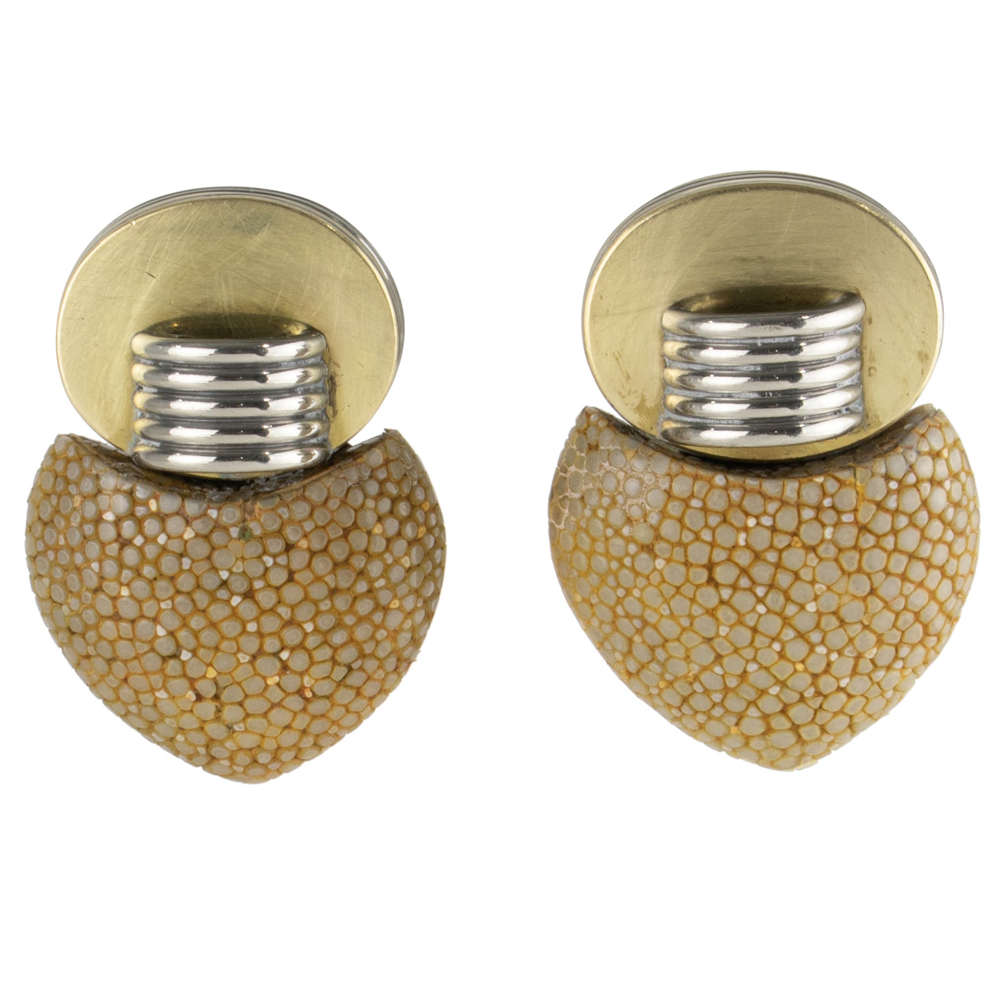 Fabrice Paris Art Deco Brass, Chrome and Shagreen Clip Earrings en vente