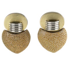Fabrice Paris Art Deco Brass, Chrome and Shagreen Clip Earrings