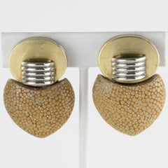 Fabrice Paris Art Deco Brass, Chrome and Shagreen Clip Earrings